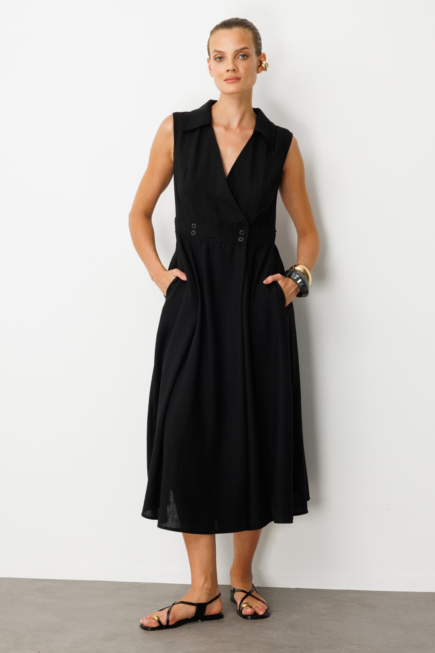 Beli Lastikli Kruvaze Yaka Elbise-SİYAH