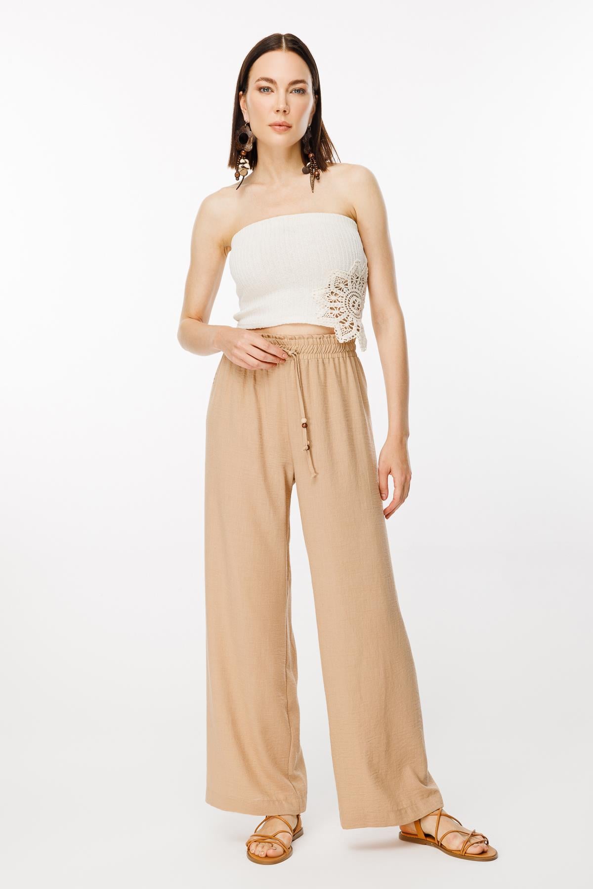 Beli Lastikli ve Geniş Paça Keten Pantolon-CAMEL
