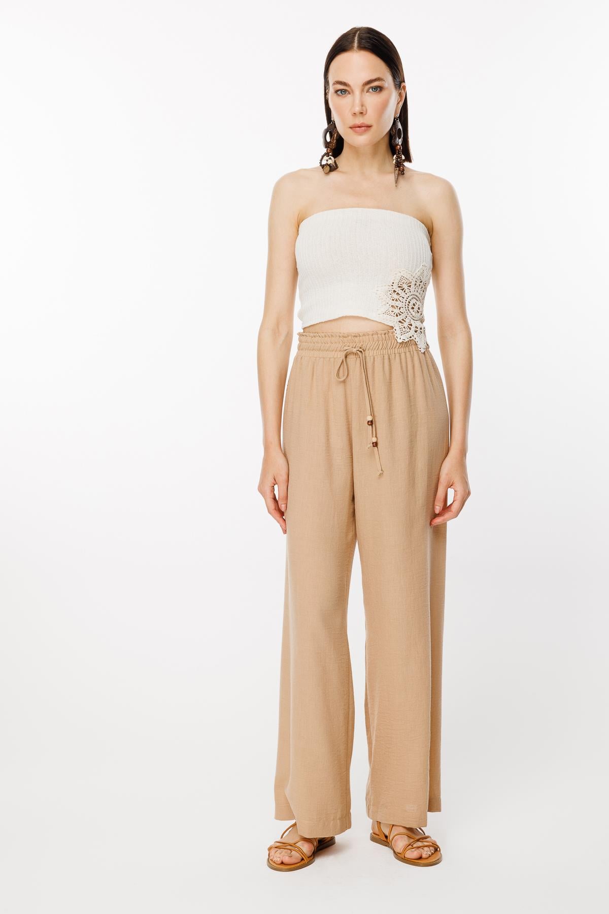 Beli Lastikli ve Geniş Paça Keten Pantolon-CAMEL