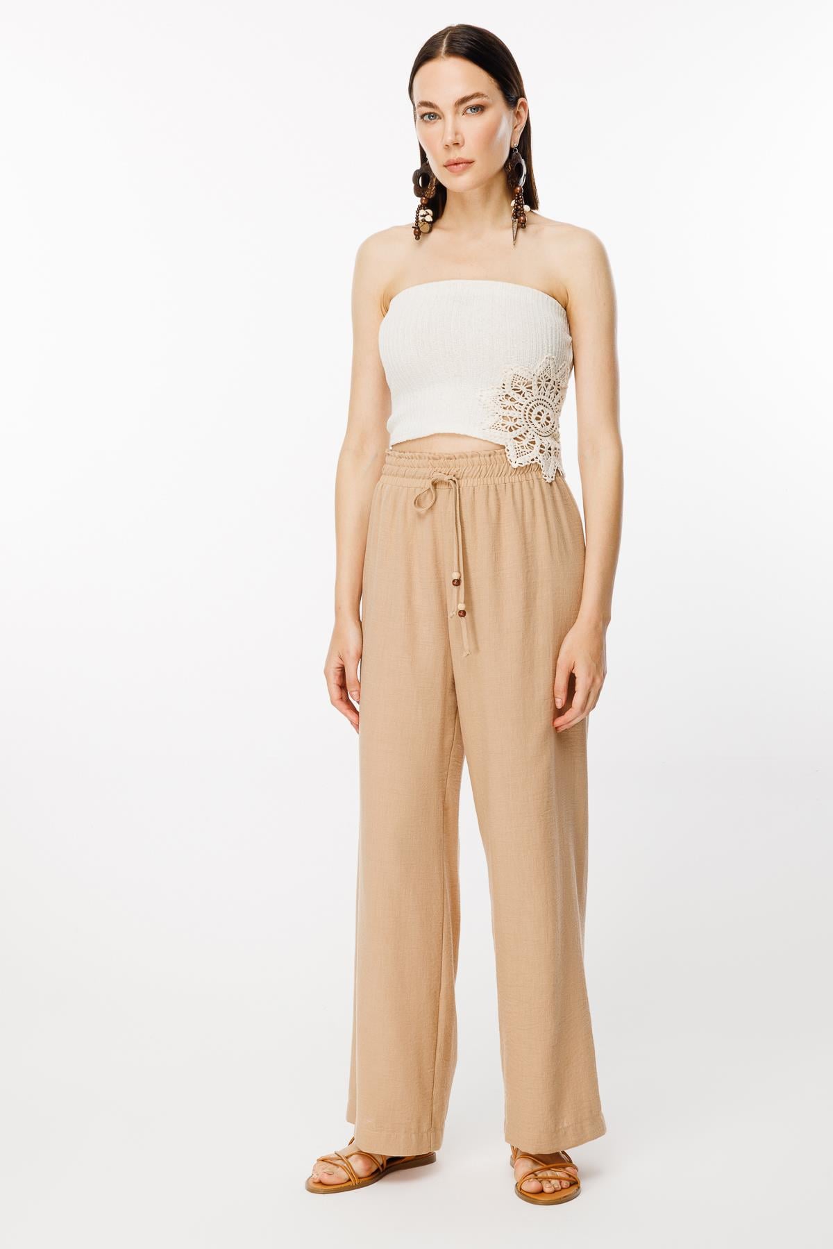 Beli Lastikli ve Geniş Paça Keten Pantolon-CAMEL