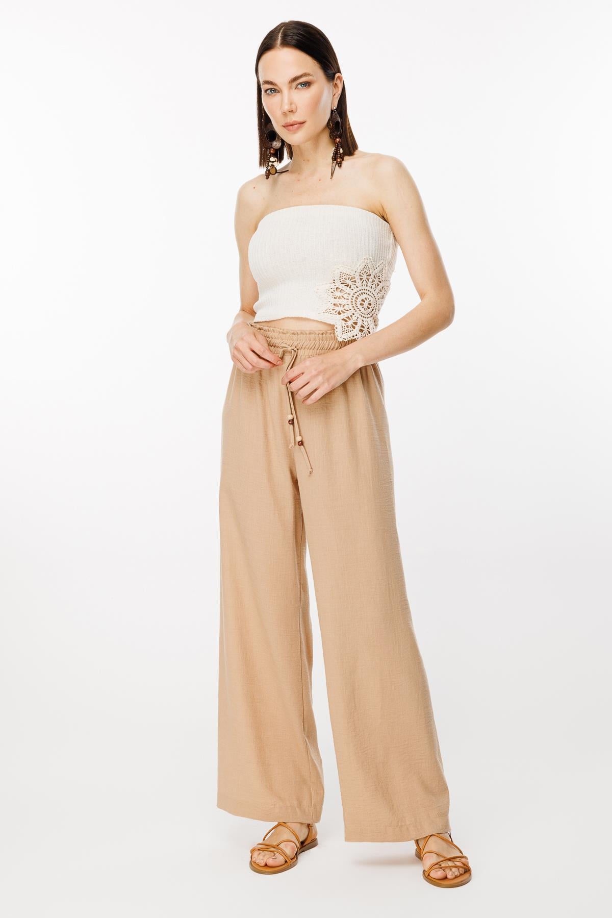 Beli Lastikli ve Geniş Paça Keten Pantolon-CAMEL