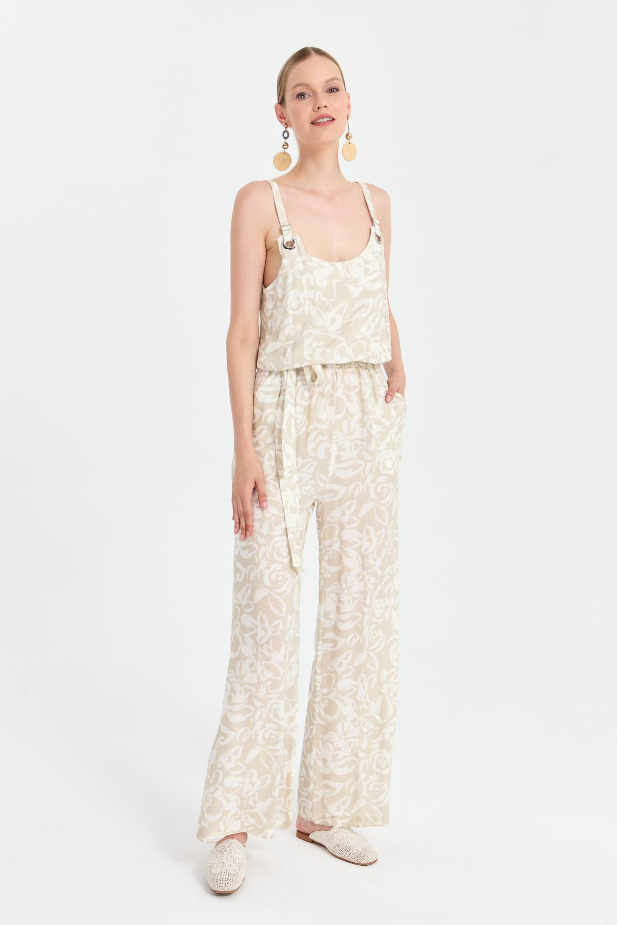 Beli Lastikli ve Kemerli Baskılı Tulum-VİZON