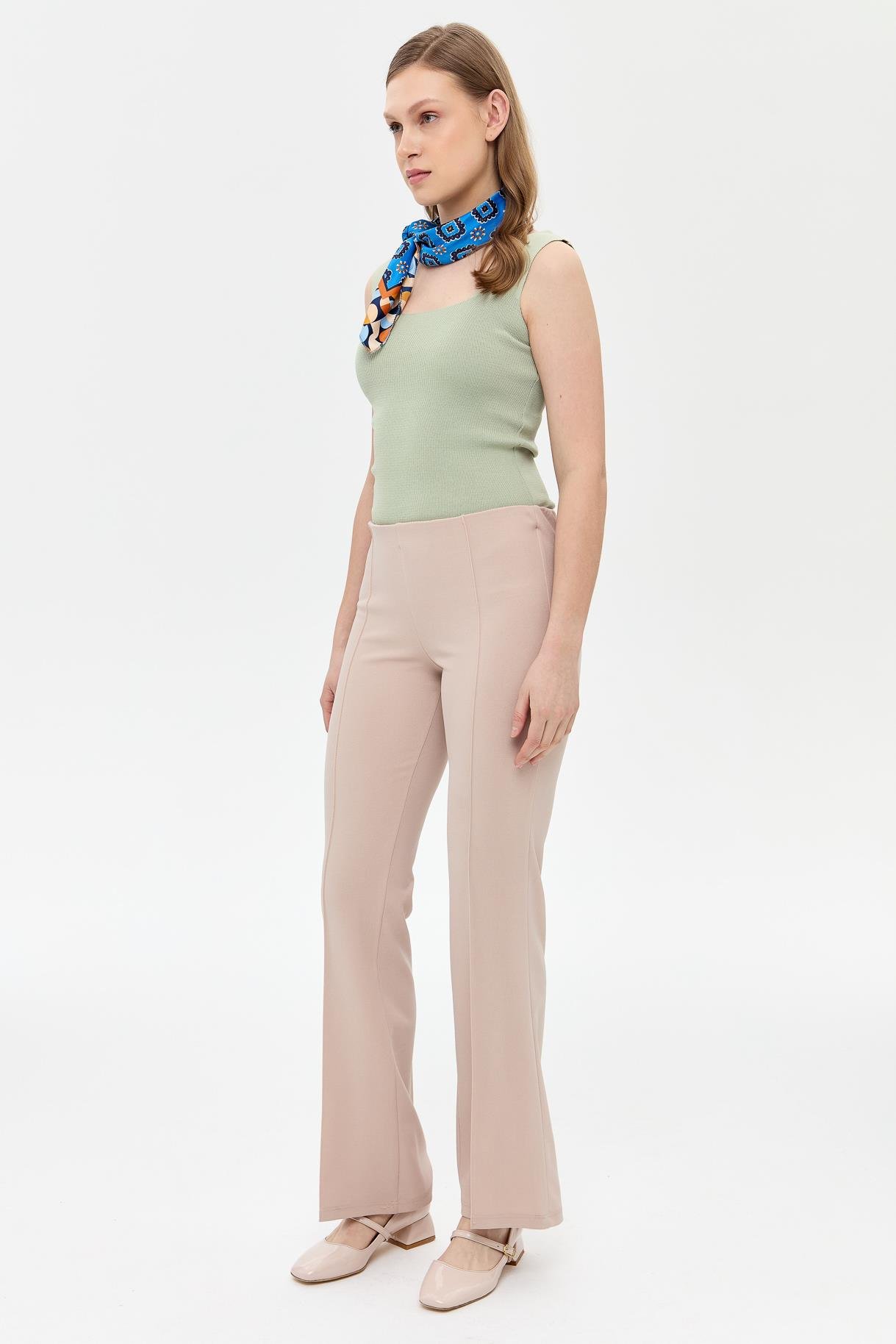 Beli Lastikli Yüksek Bel Pantolon-BEJ