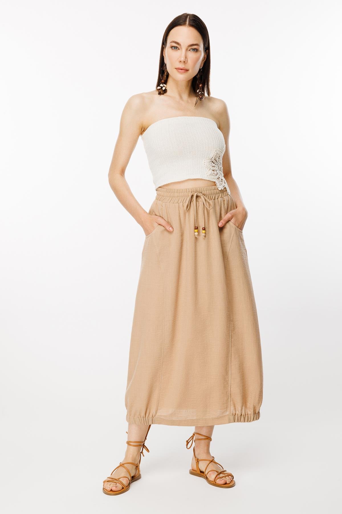 Beli ve Eteği Lastik Detaylı Keten Etek-CAMEL