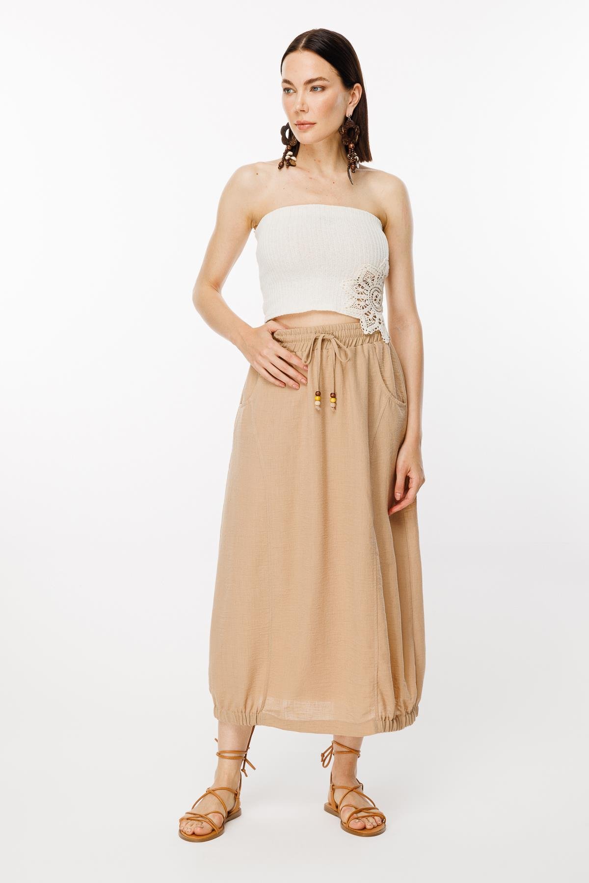 Beli ve Eteği Lastik Detaylı Keten Etek-CAMEL