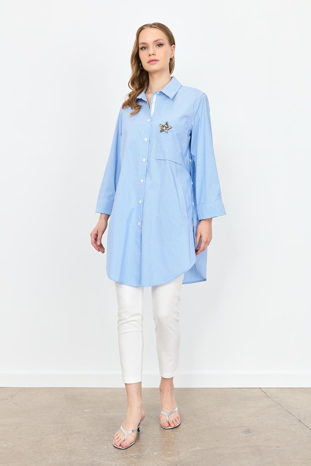 Broş Detay Çizgili Tunik Gömlek-MAVİ