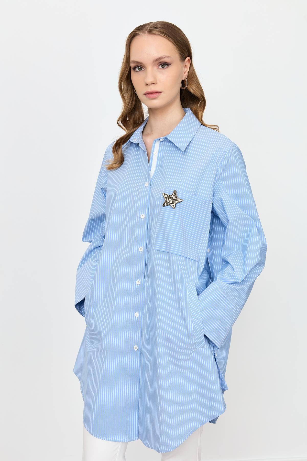 Broş Detay Çizgili Tunik Gömlek-MAVİ