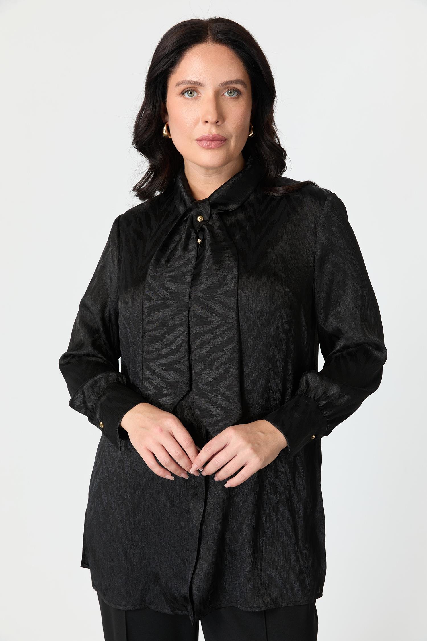 Büyük Beden Bağlama Detaylı Tunik Gömlek-SİYAH