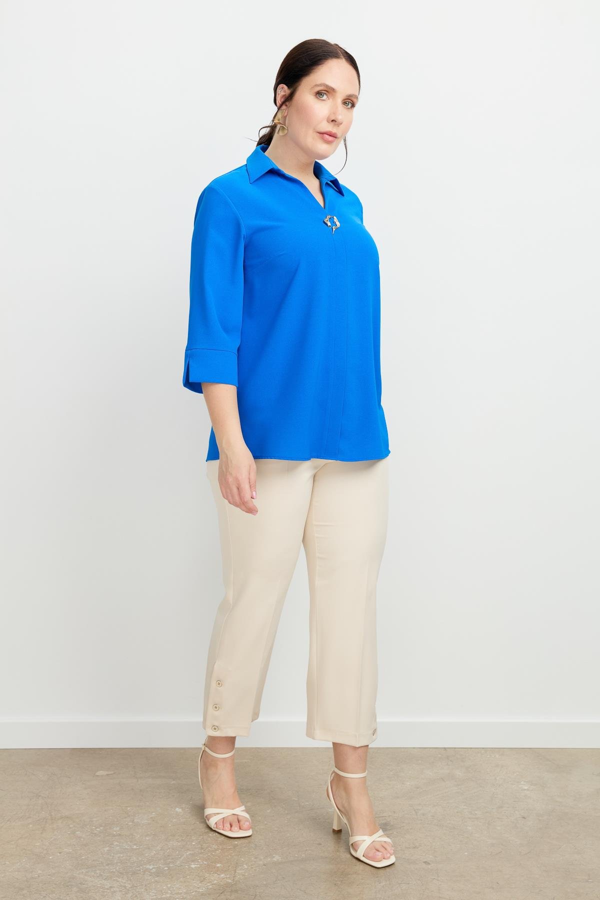 Büyük Beden Broş Detaylı Gömlek-SAX