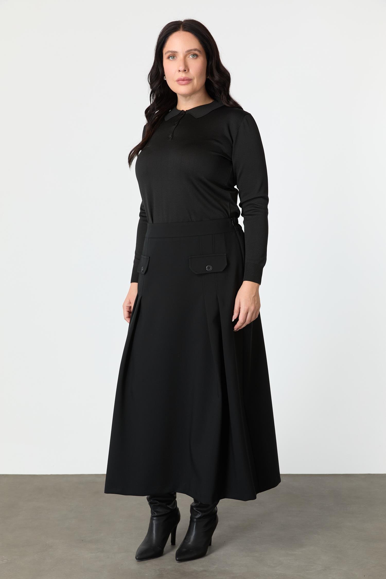 Büyük Beden Cep Detay Beli Lastikli Etek-SİYAH