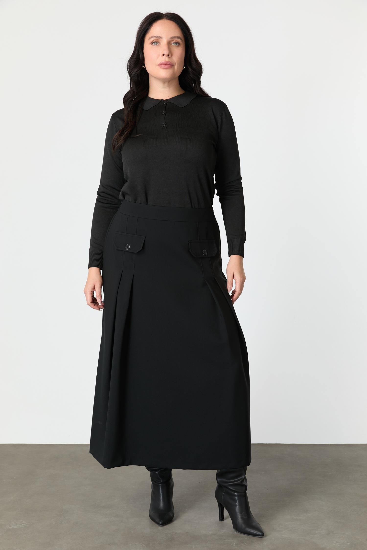 Büyük Beden Cep Detay Beli Lastikli Etek-SİYAH