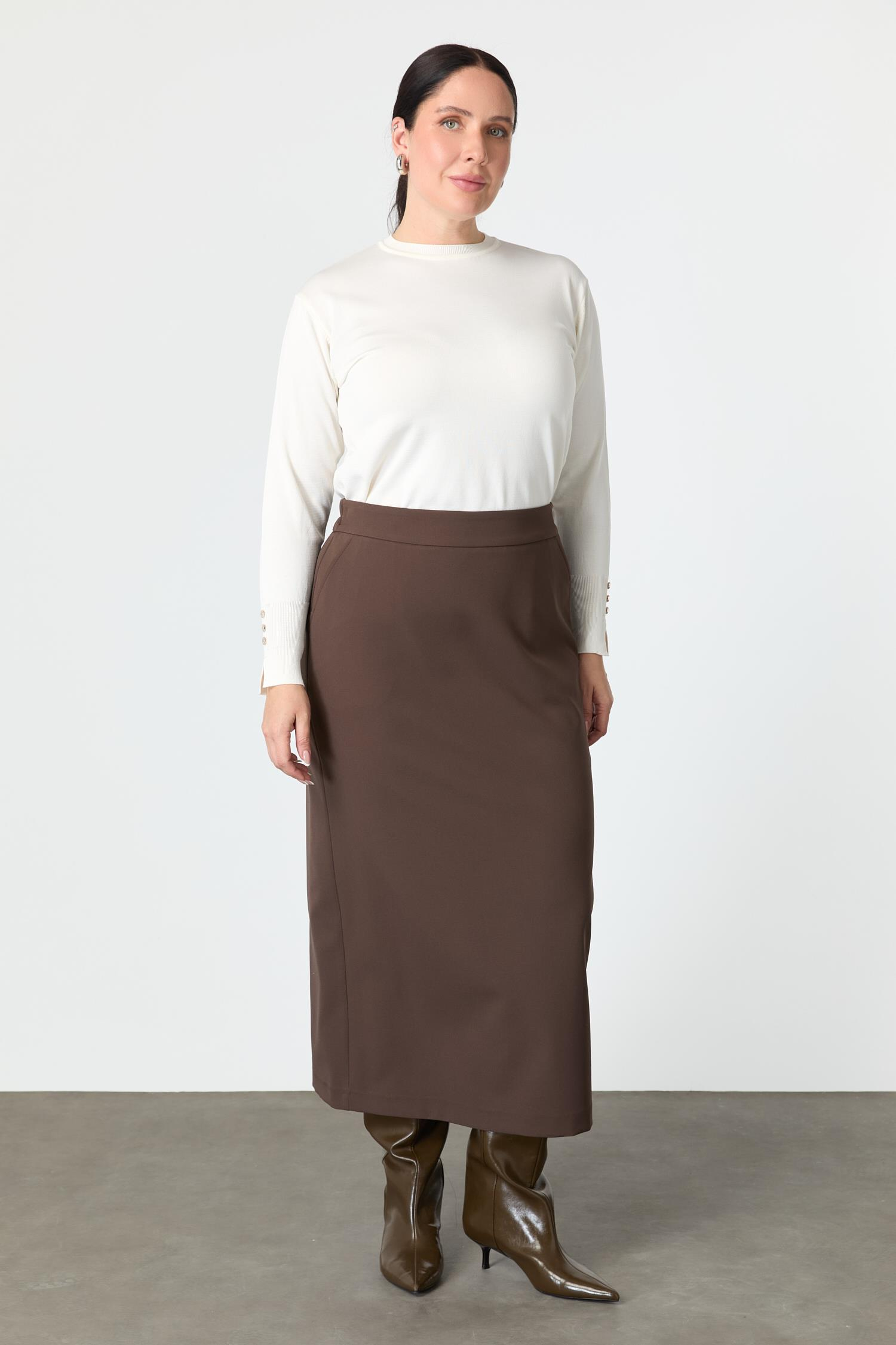 Büyük Beden Cep Detaylı Etek-KAHVE