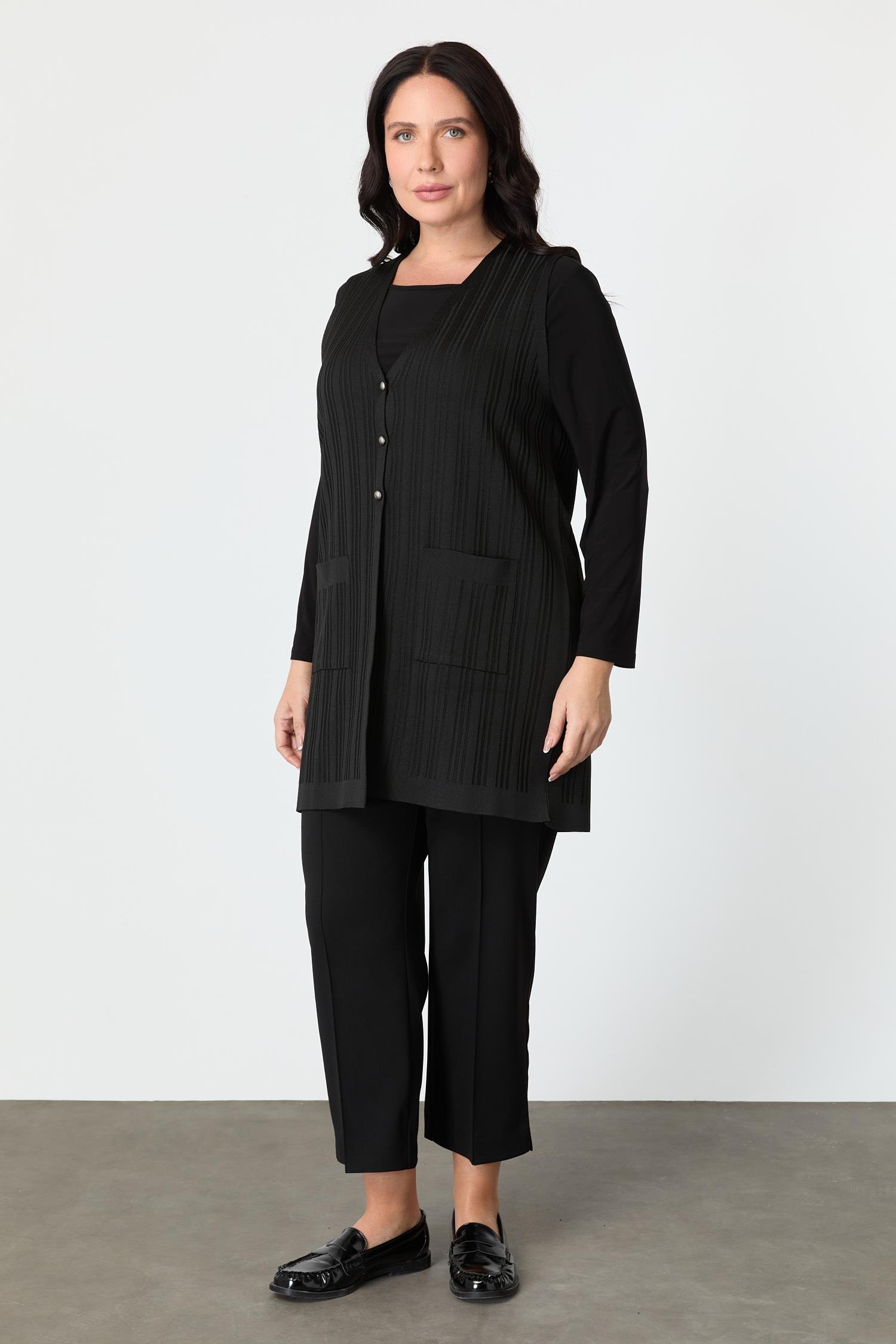 Büyük Beden Cepli Triko Yelek-SİYAH