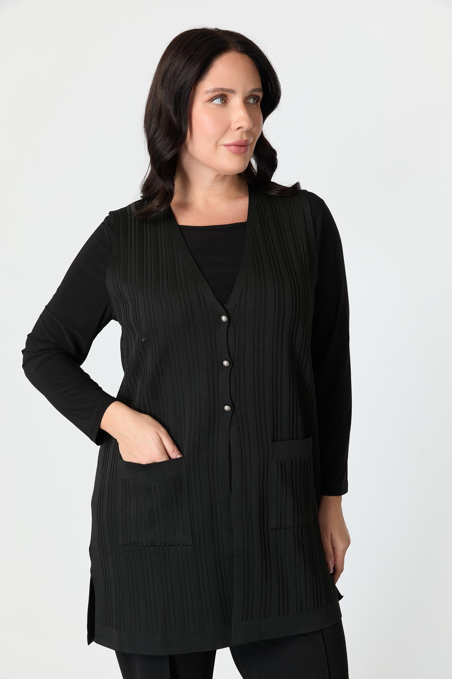 Büyük Beden Cepli Triko Yelek-SİYAH