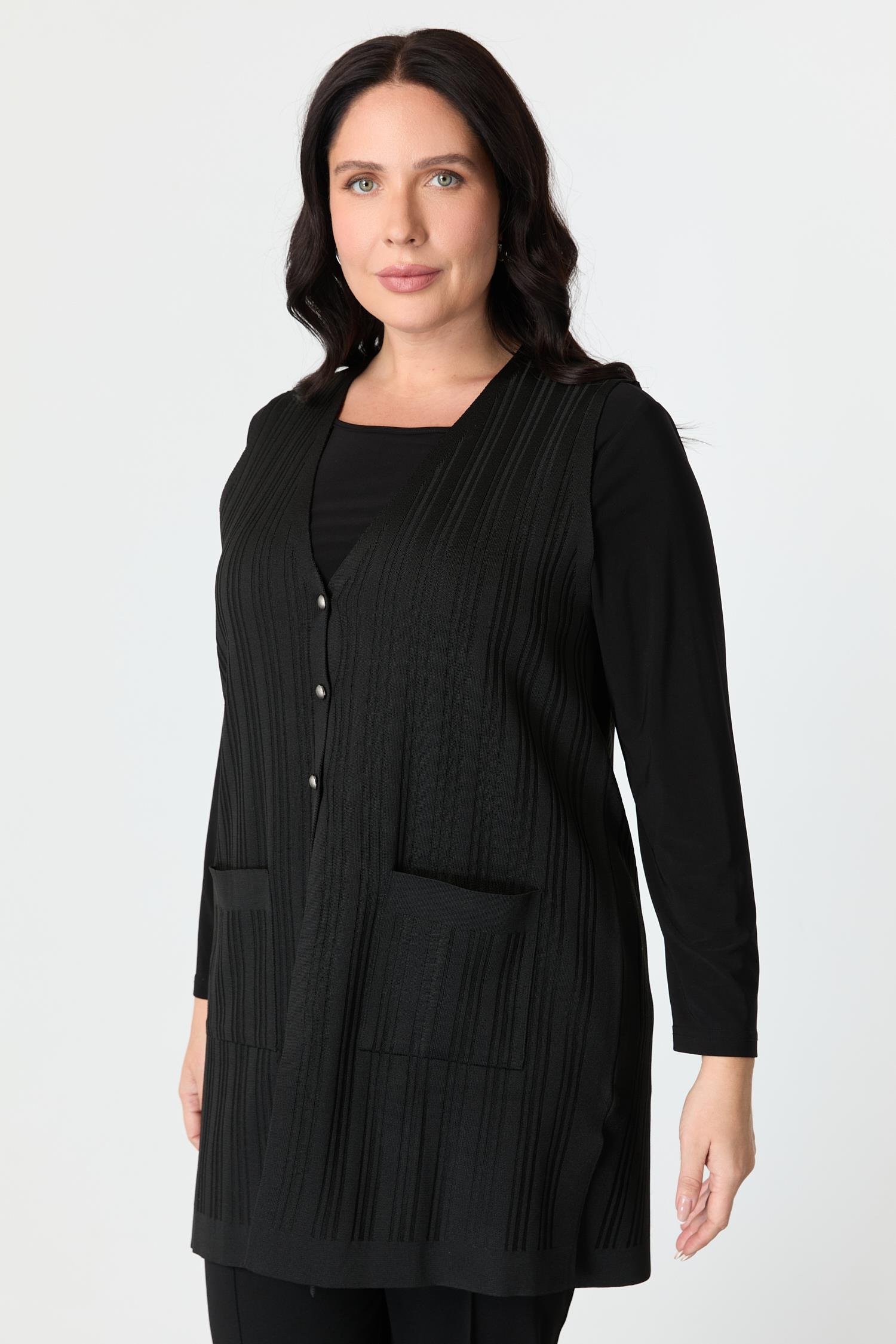 Büyük Beden Cepli Triko Yelek-SİYAH