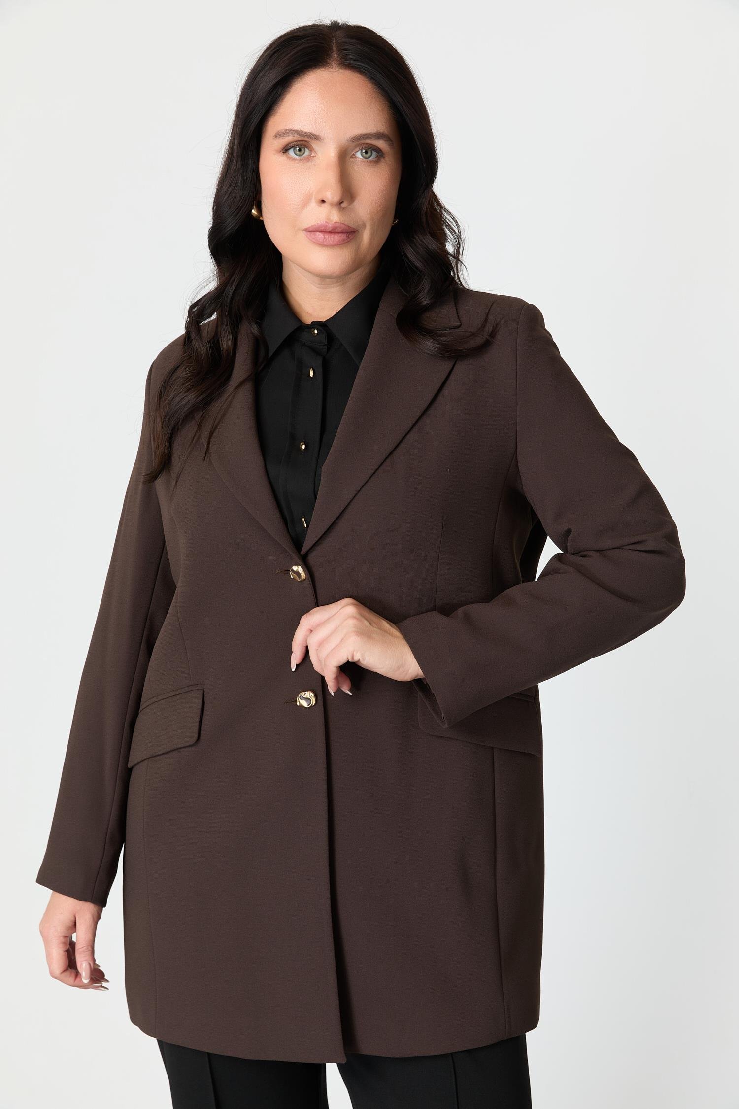 Büyük Beden Çift Düğmeli Krep Ceket-KAHVE