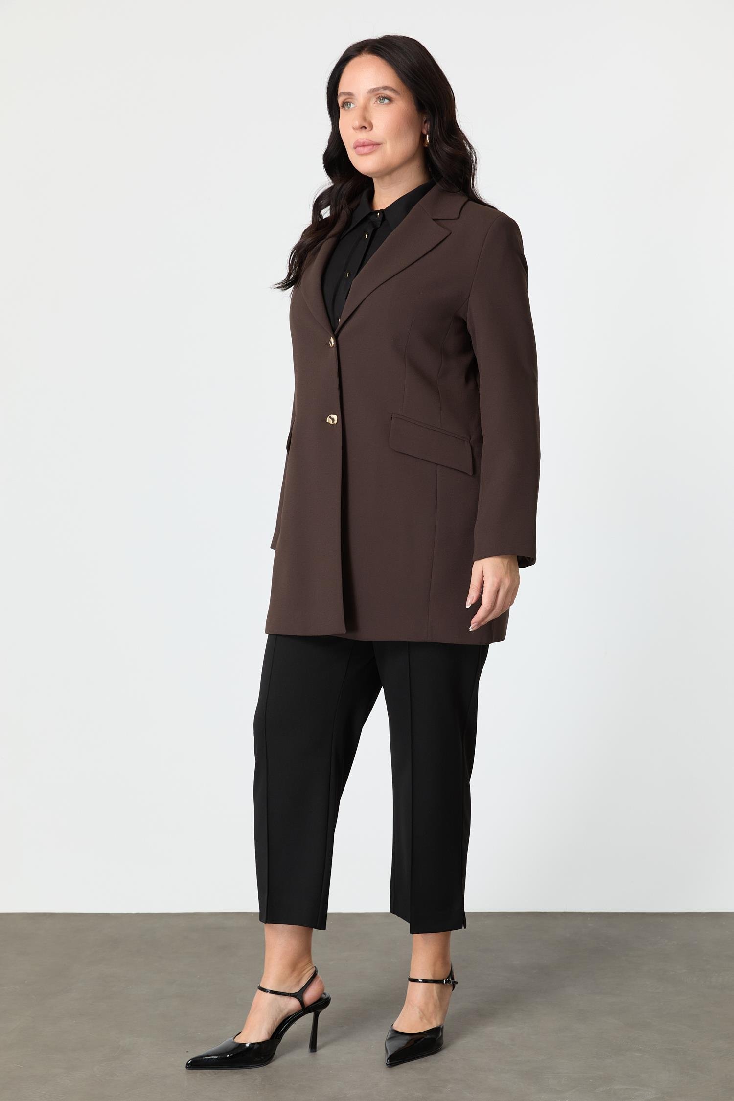 Büyük Beden Çift Düğmeli Krep Ceket-KAHVE