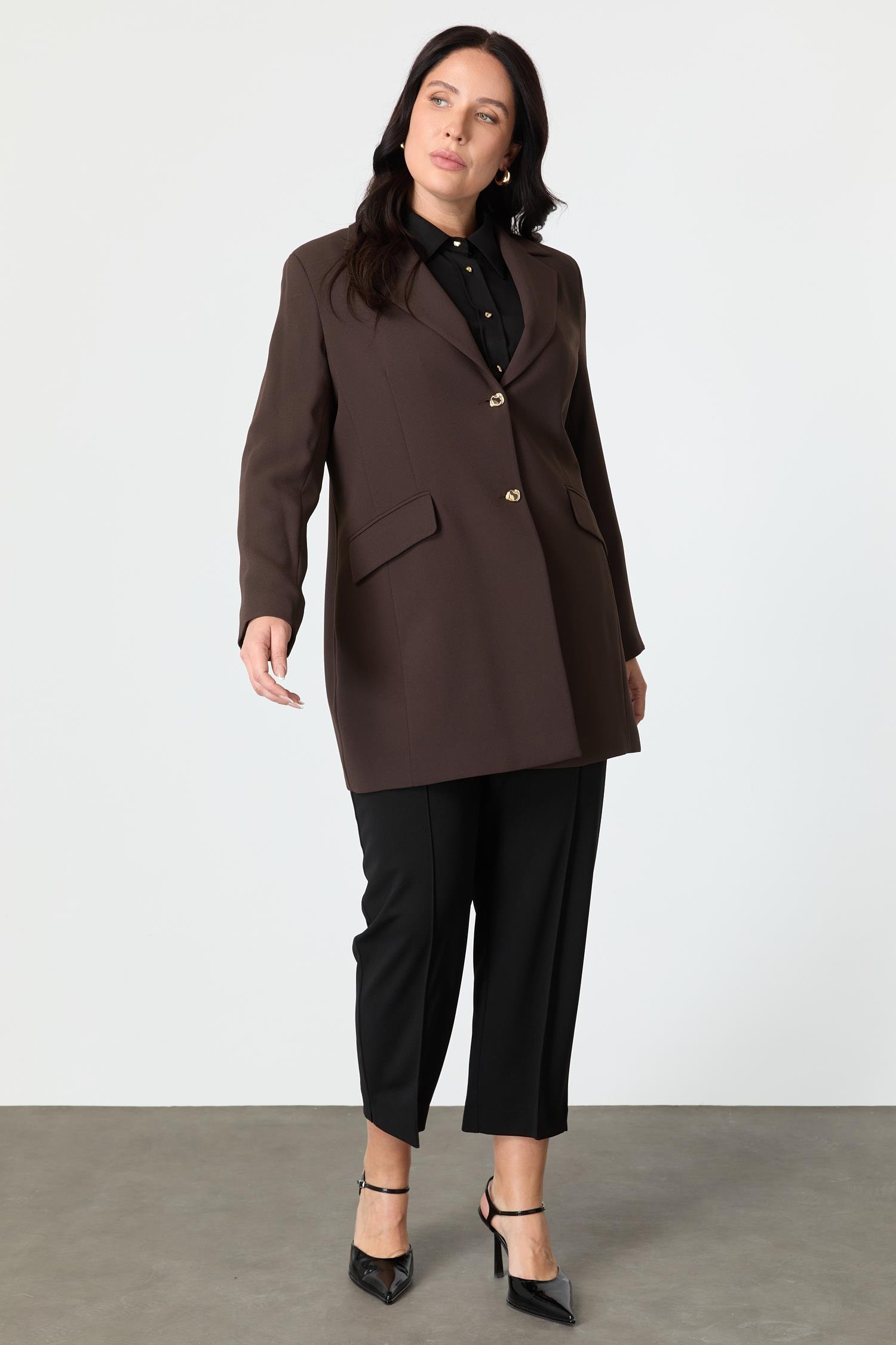 Büyük Beden Çift Düğmeli Krep Ceket-KAHVE