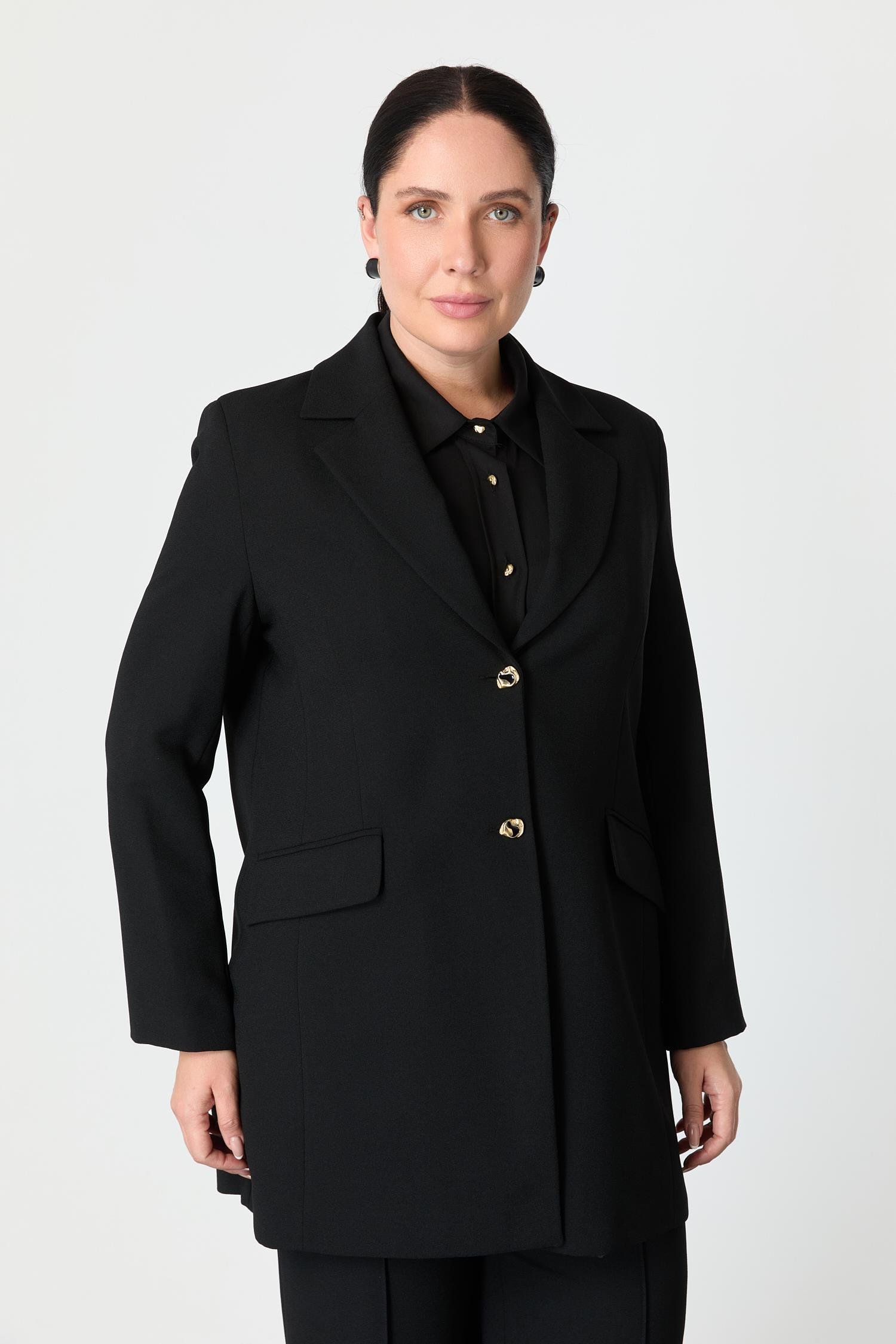 Büyük Beden Çift Düğmeli Krep Ceket-SİYAH