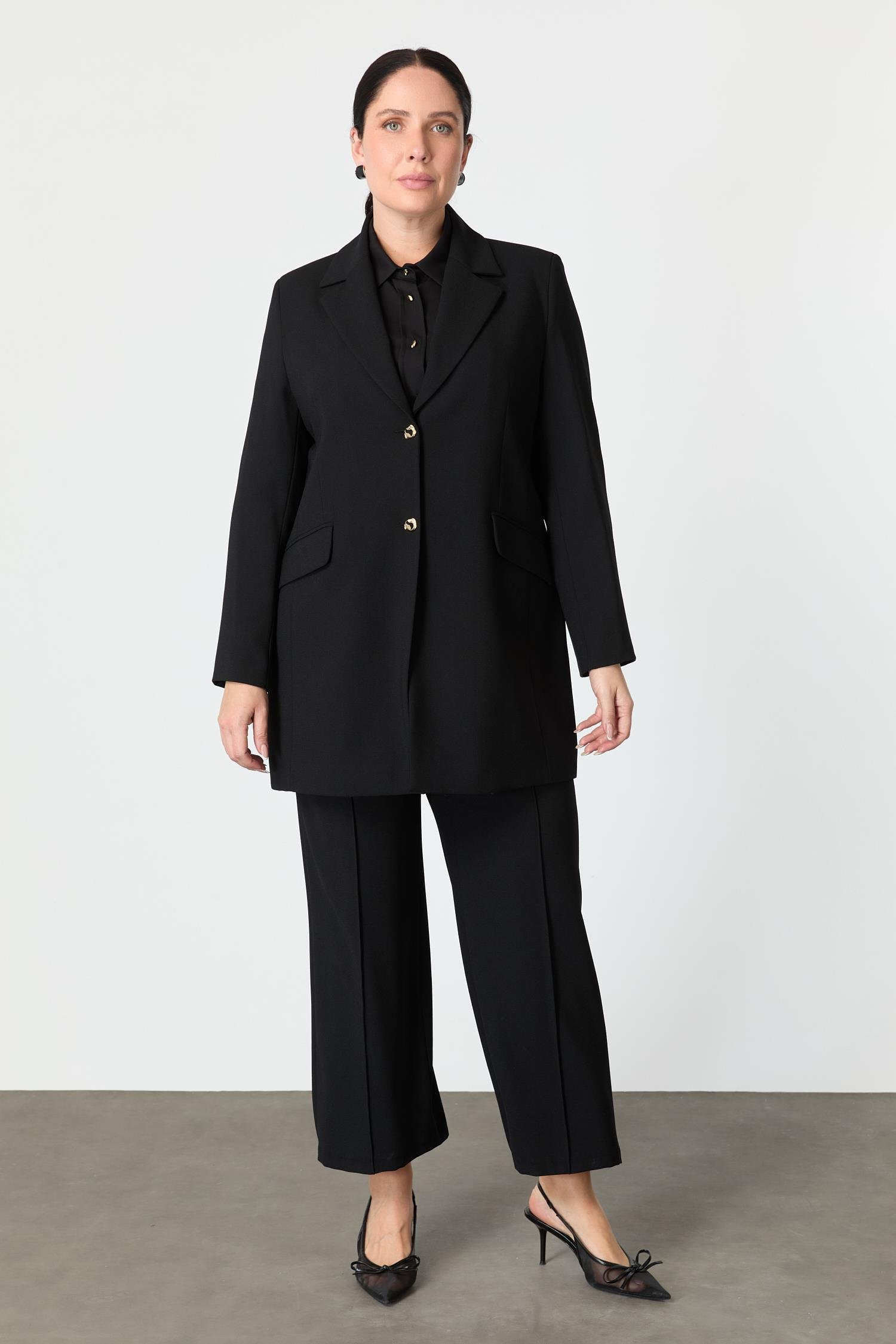 Büyük Beden Çift Düğmeli Krep Ceket-SİYAH