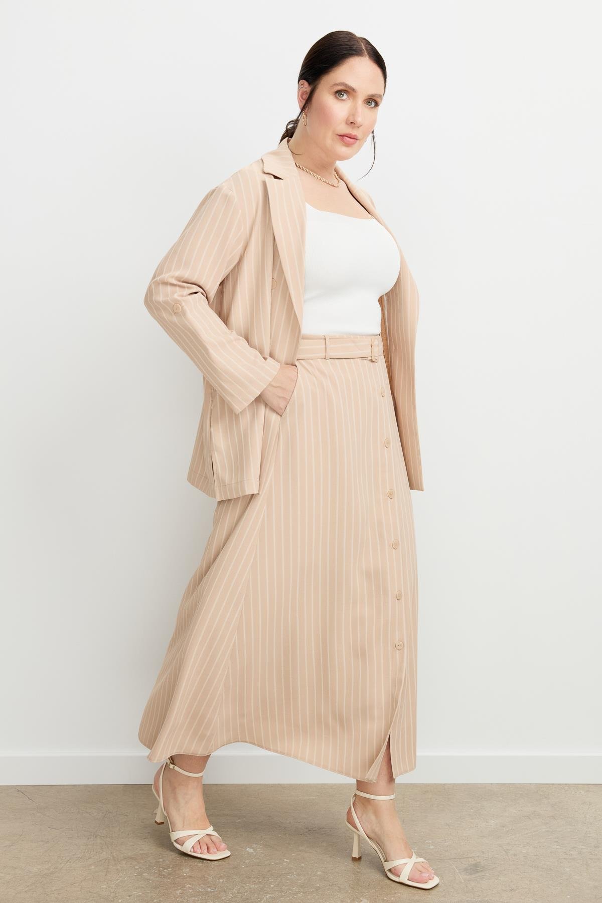 Büyük Beden Çizgili Linda etek-VİZON