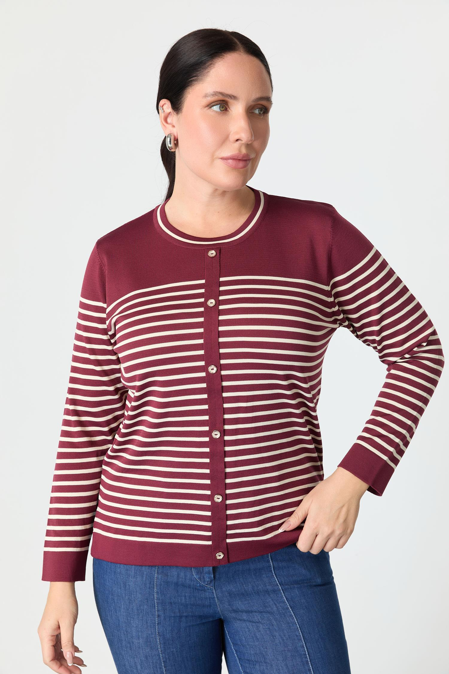 Büyük Beden Çizgili Triko Kazak-BORDO