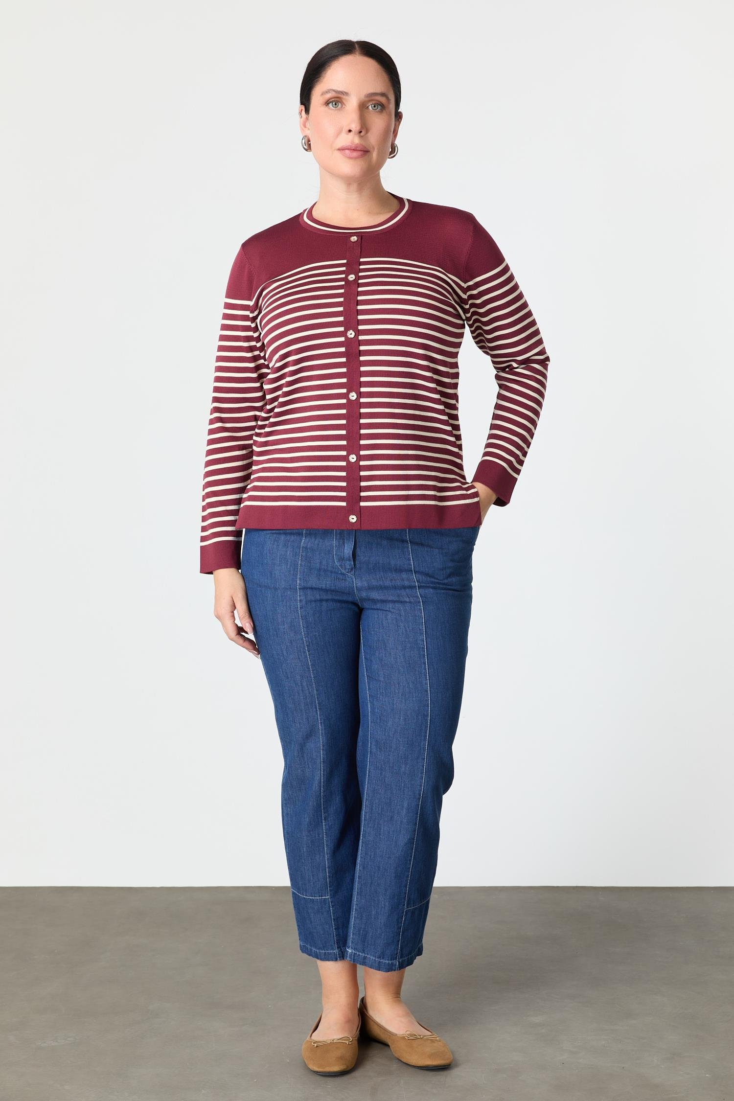 Büyük Beden Çizgili Triko Kazak-BORDO