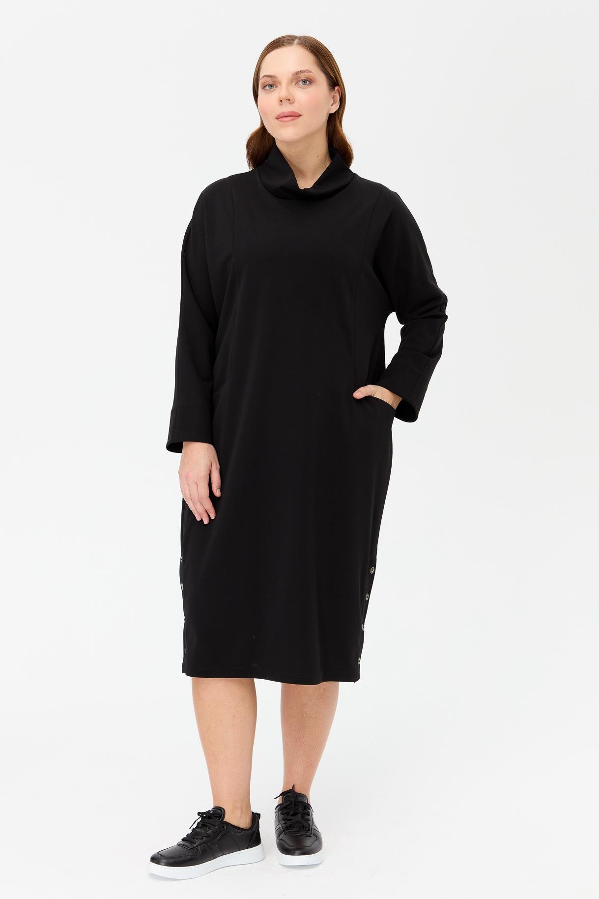Büyük Beden Degaje Yaka Cepli Elbise-SİYAH