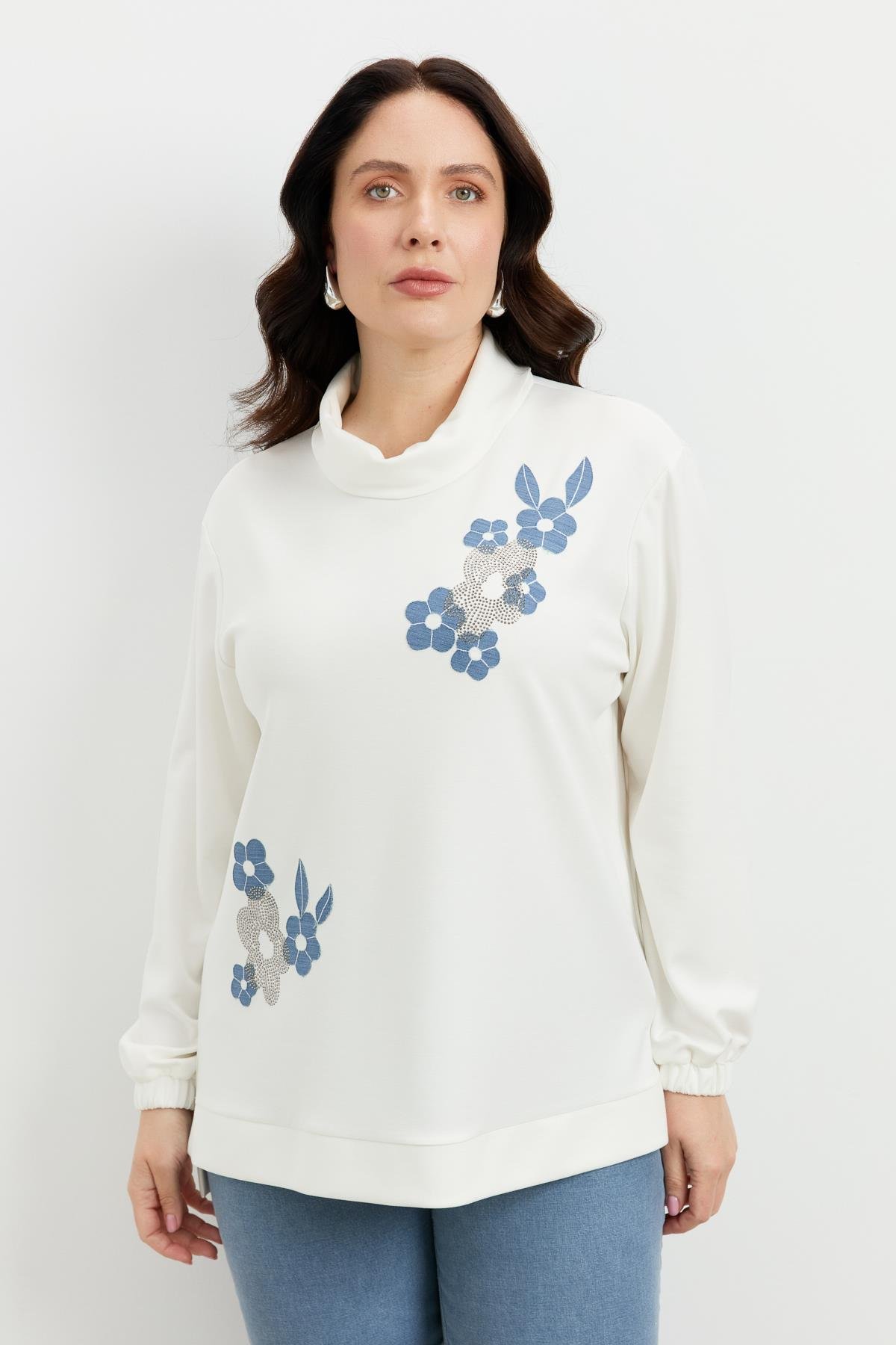 Büyük Beden Degaje Yaka Sweatshirt-EKRU