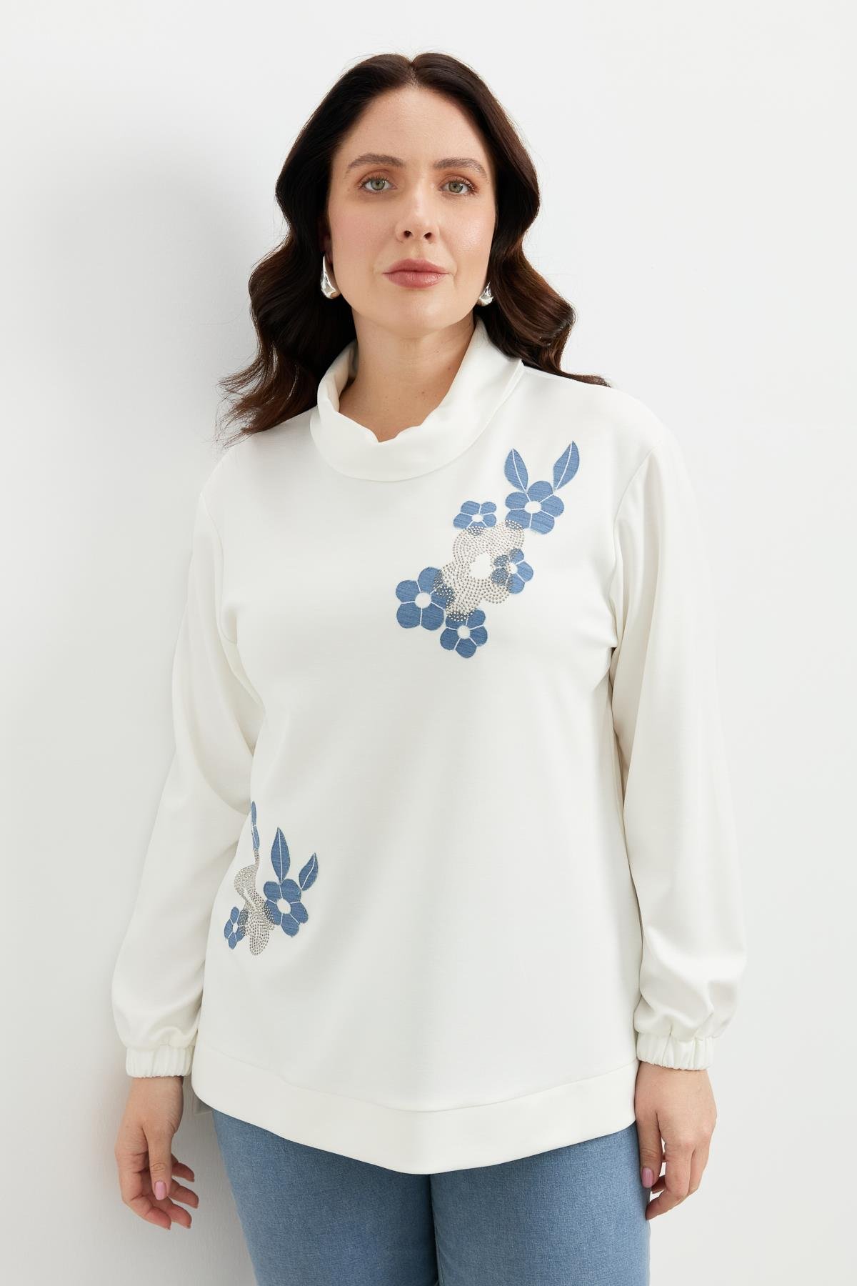 Büyük Beden Degaje Yaka Sweatshirt-EKRU