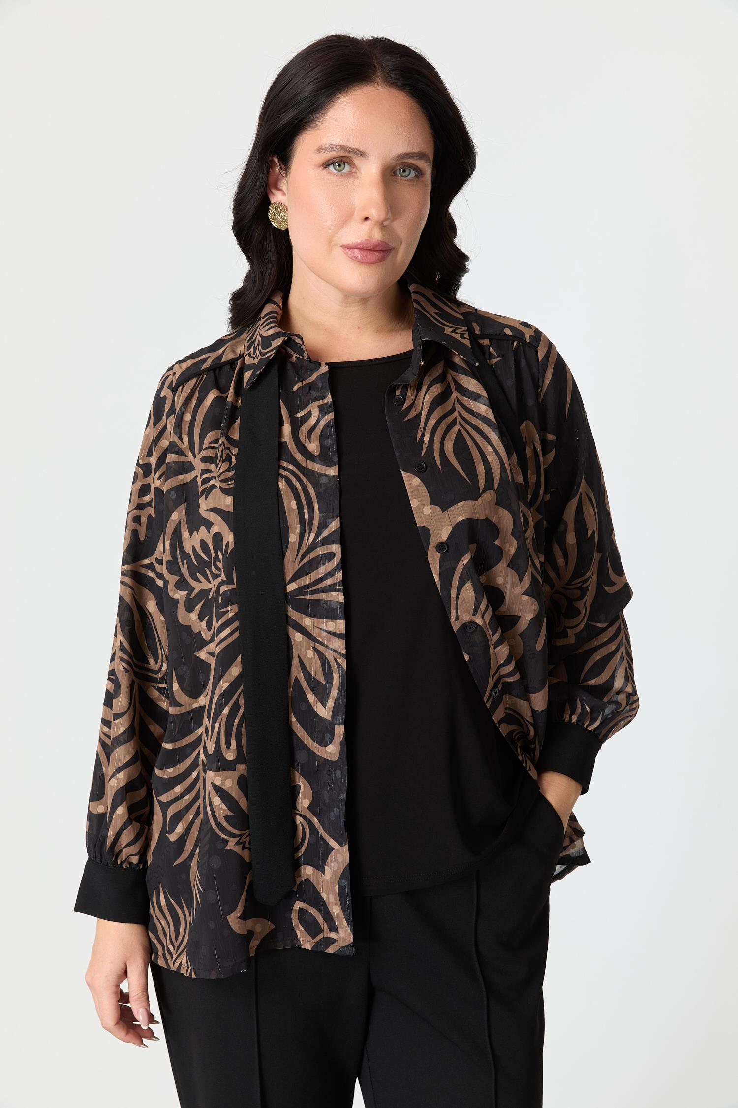 Büyük Beden Desenli Şifon Gömlek-