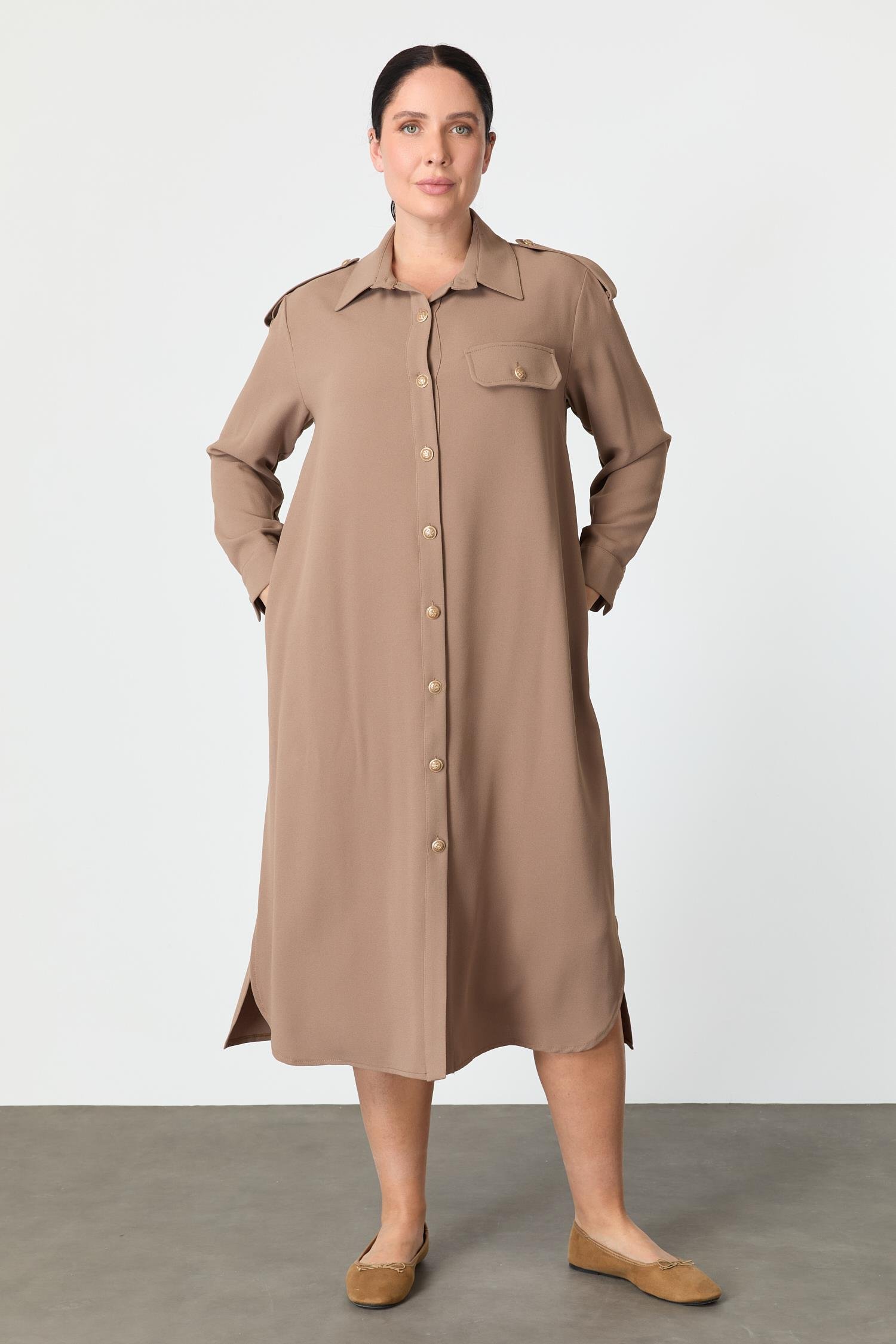 Büyük Beden Düğme Detay Krep Elbise-