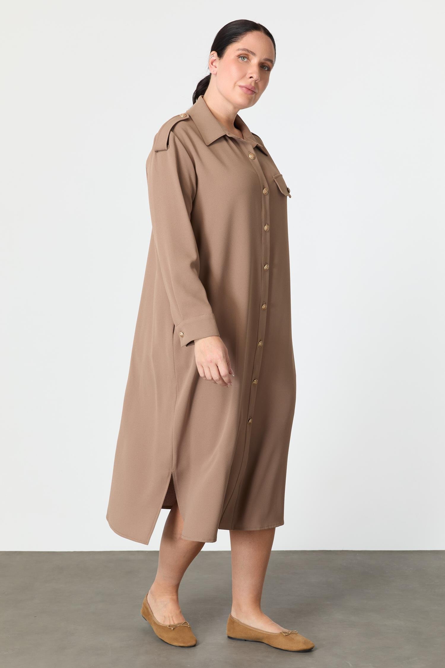 Büyük Beden Düğme Detay Krep Elbise-