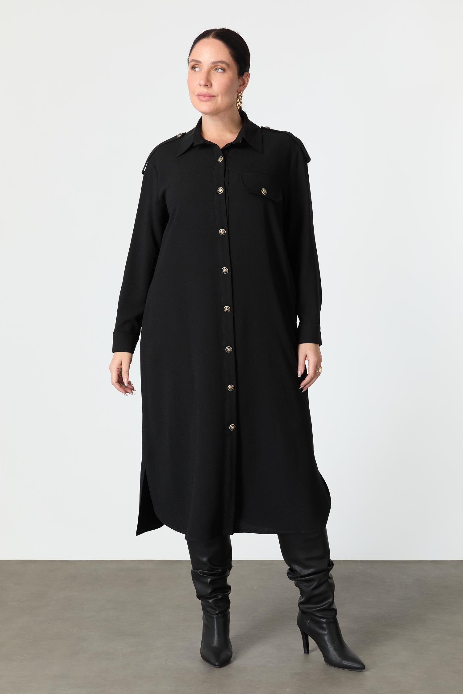 Büyük Beden Düğme Detay Krep Elbise-SİYAH