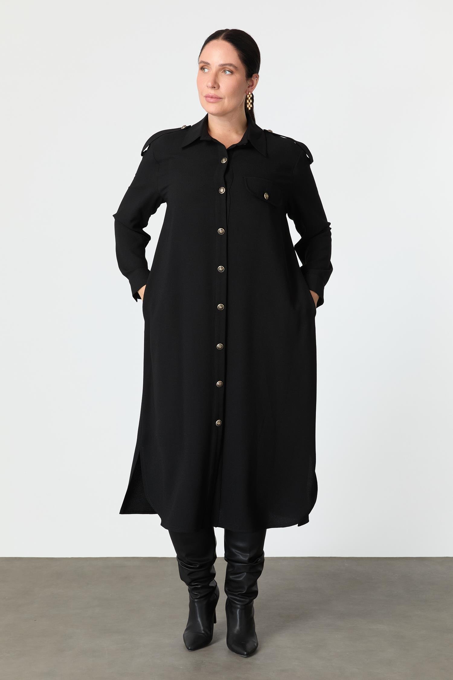 Büyük Beden Düğme Detay Krep Elbise-SİYAH