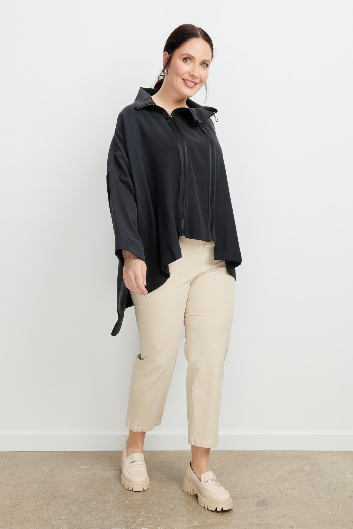 Büyük Beden Fermuar Detaylı Bluz-SİYAH