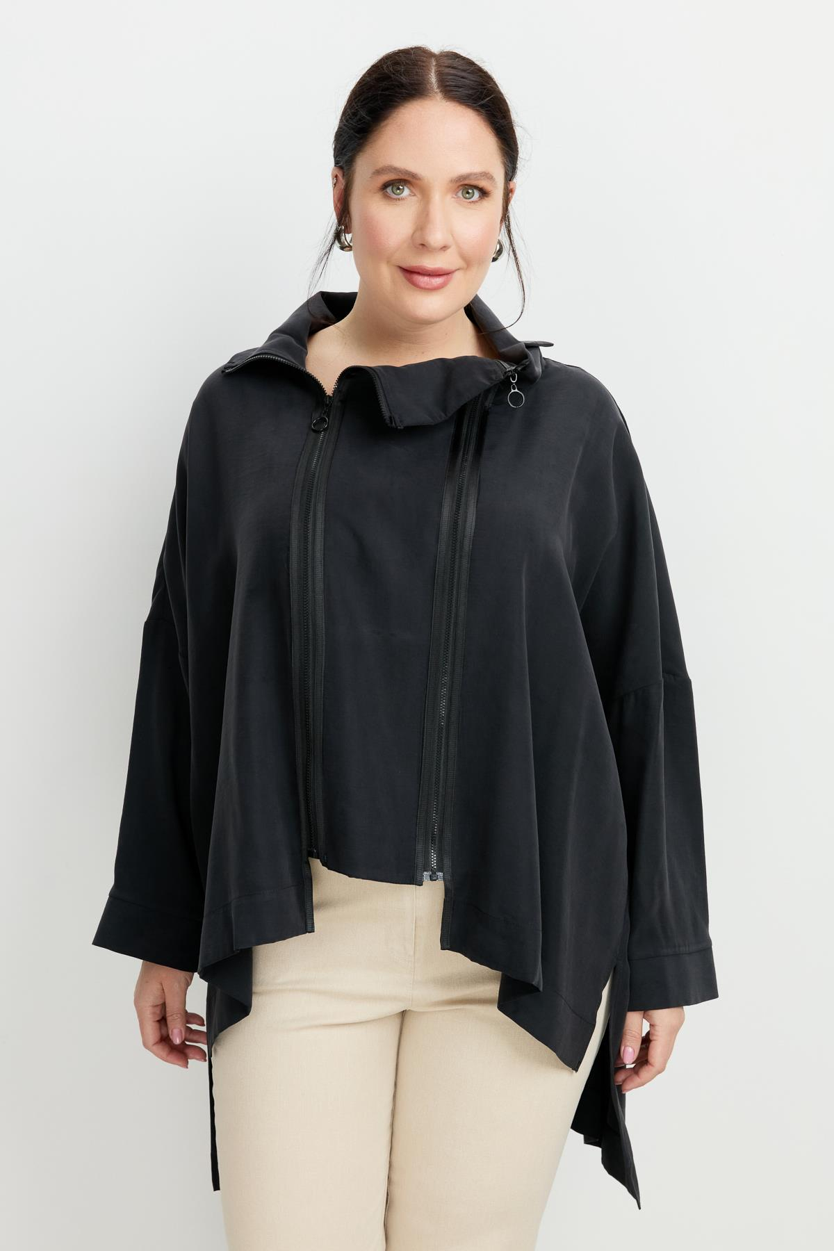 Büyük Beden Fermuar Detaylı Bluz-SİYAH