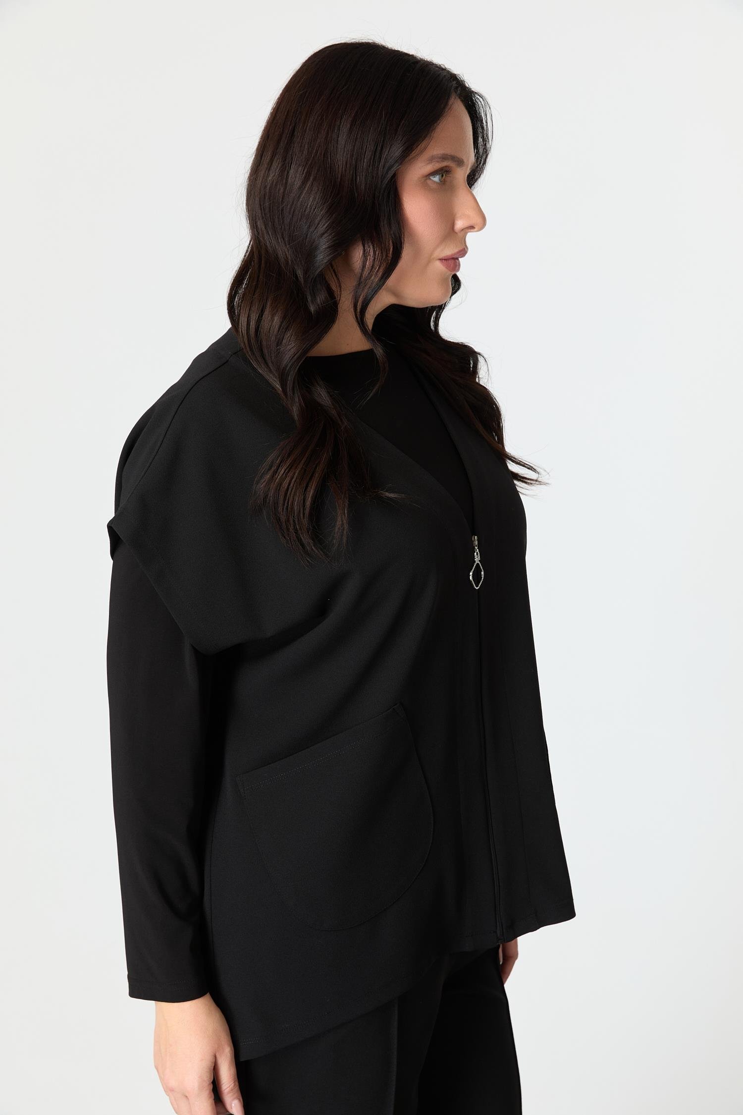 Büyük Beden Fermuar Detaylı Krep Yelek-SİYAH