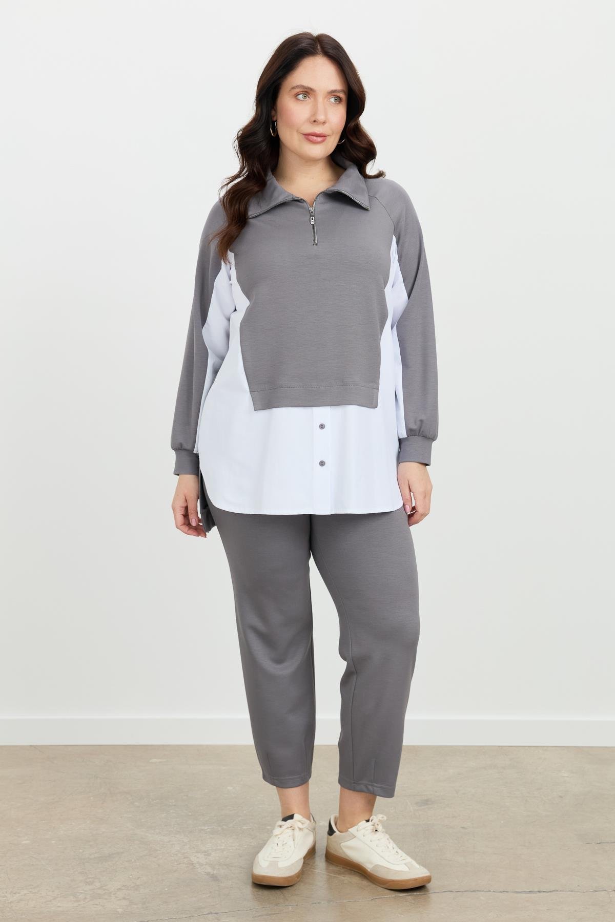 Büyük Beden Fermuar Yaka Sweatshirt-K.GRİ