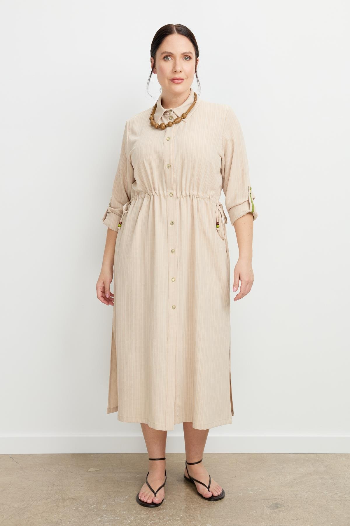 Büyük Beden İplikli Uzun Elbise-BEJ