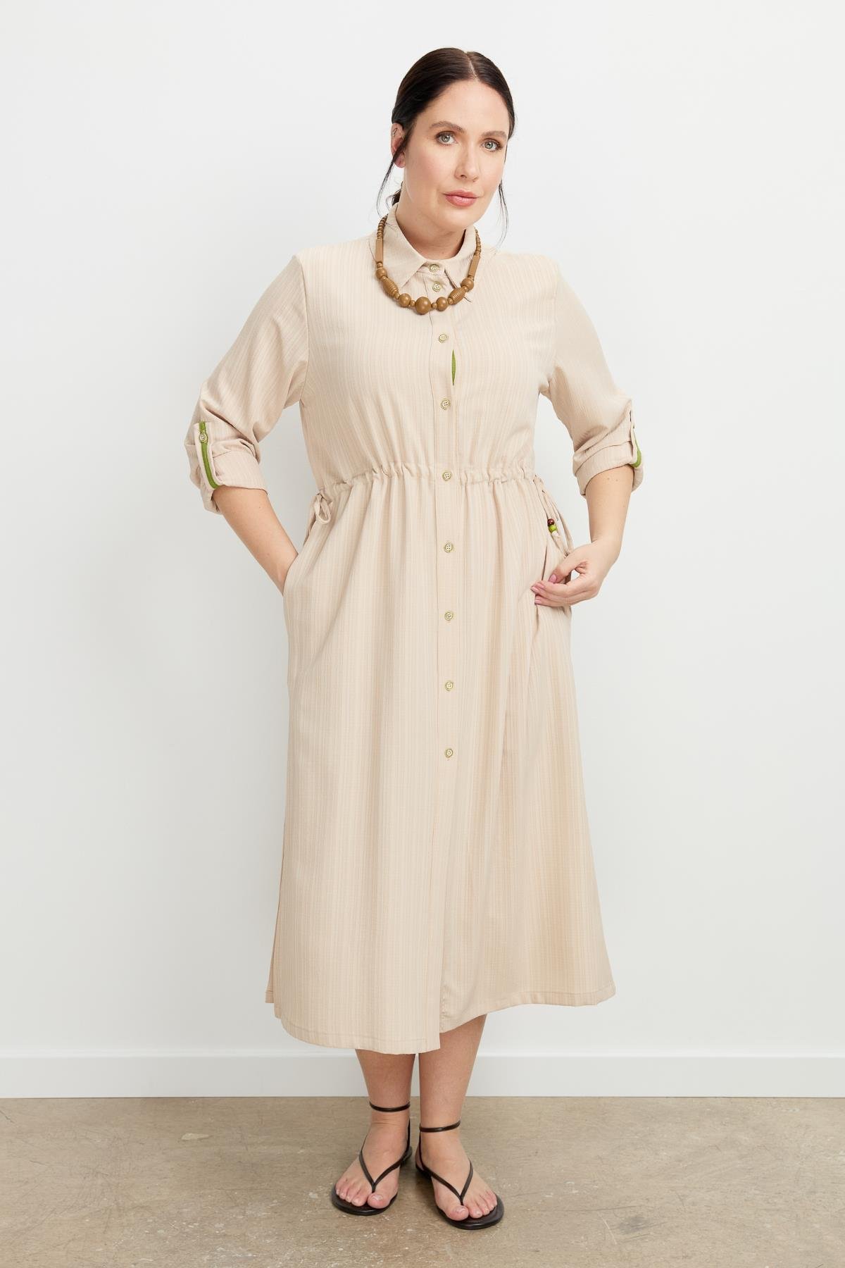 Büyük Beden İplikli Uzun Elbise-BEJ