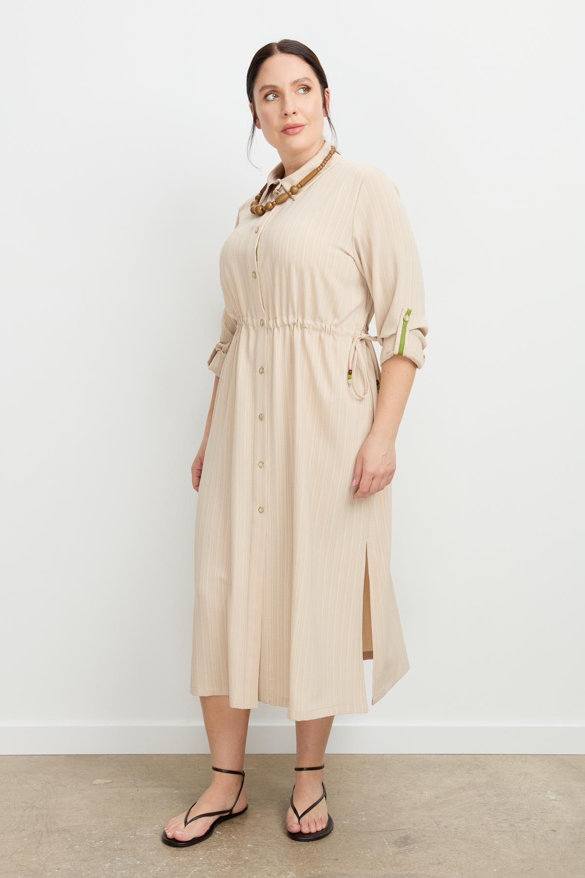 Büyük Beden İplikli Uzun Elbise-BEJ