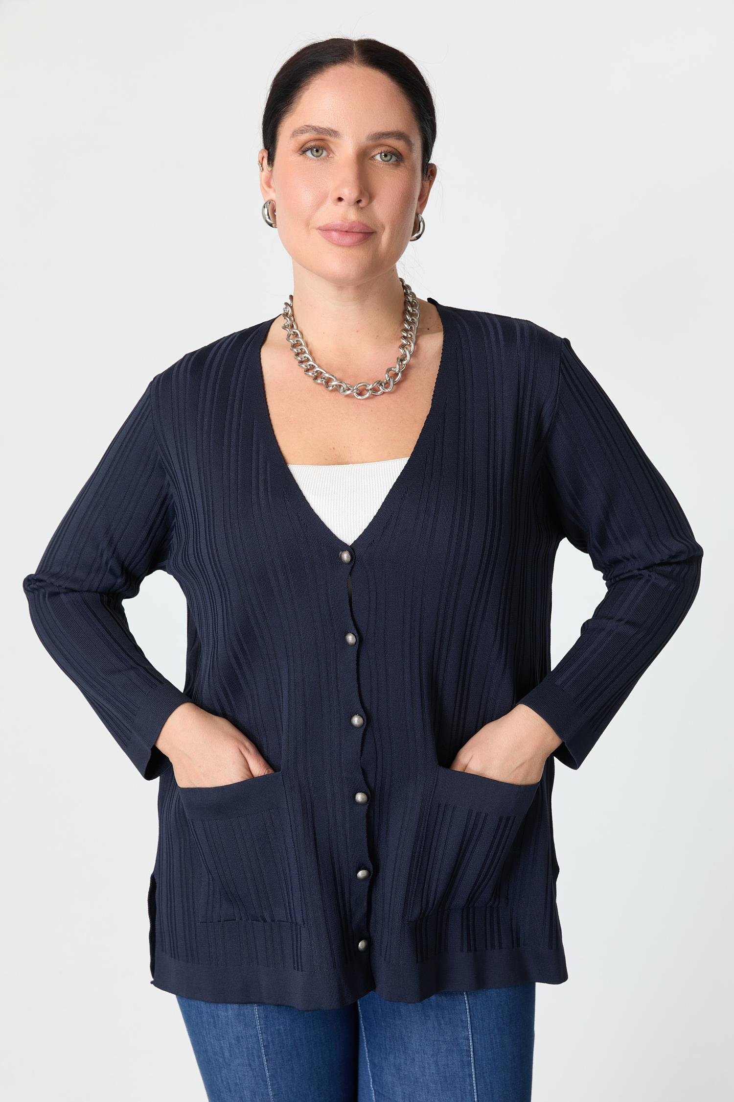 Büyük Beden Kendinden Desenli Triko Hırka-LACI