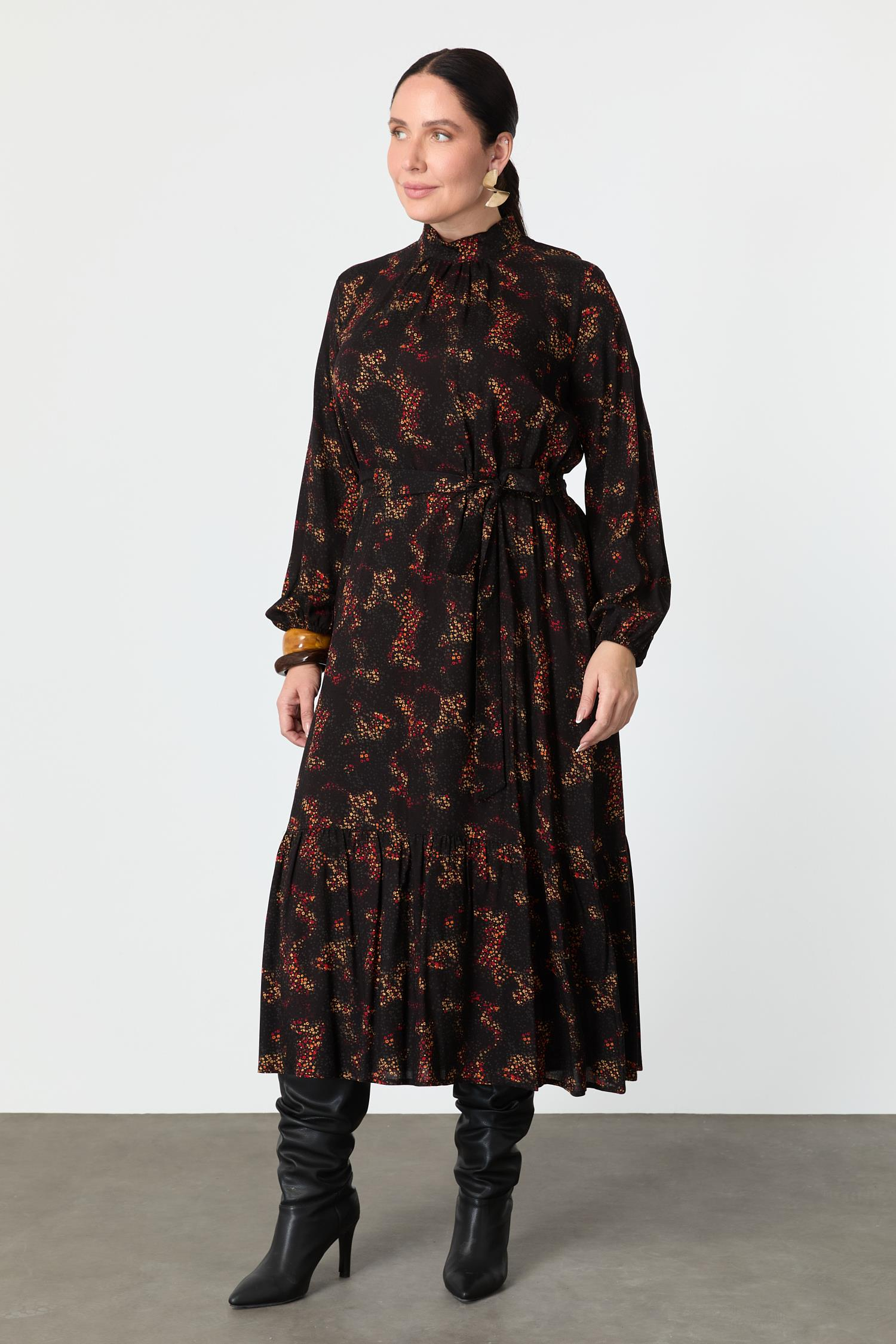 Büyük Beden Kuşak Detay Desenli Elbise-KIRMIZI