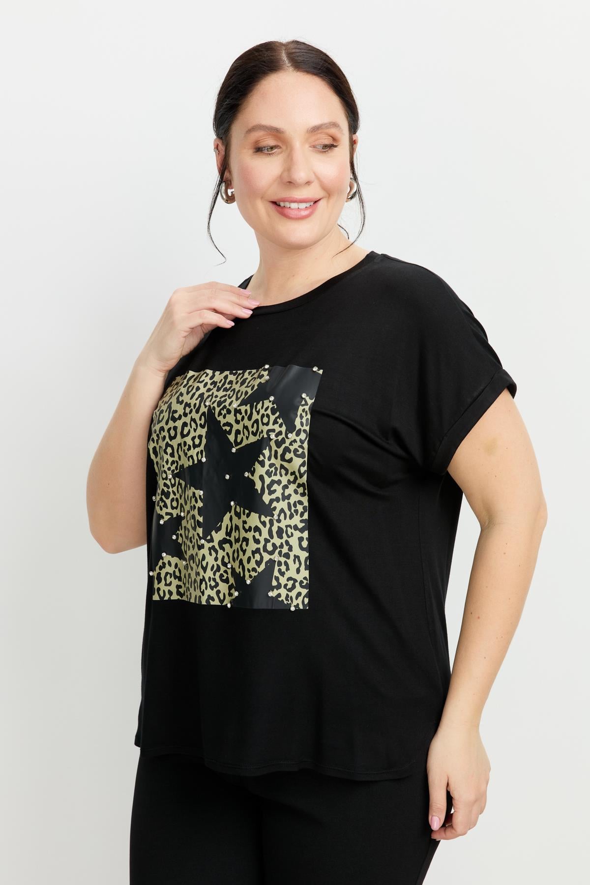 Büyük Beden Leopar Baskı Bluz-SİYAH