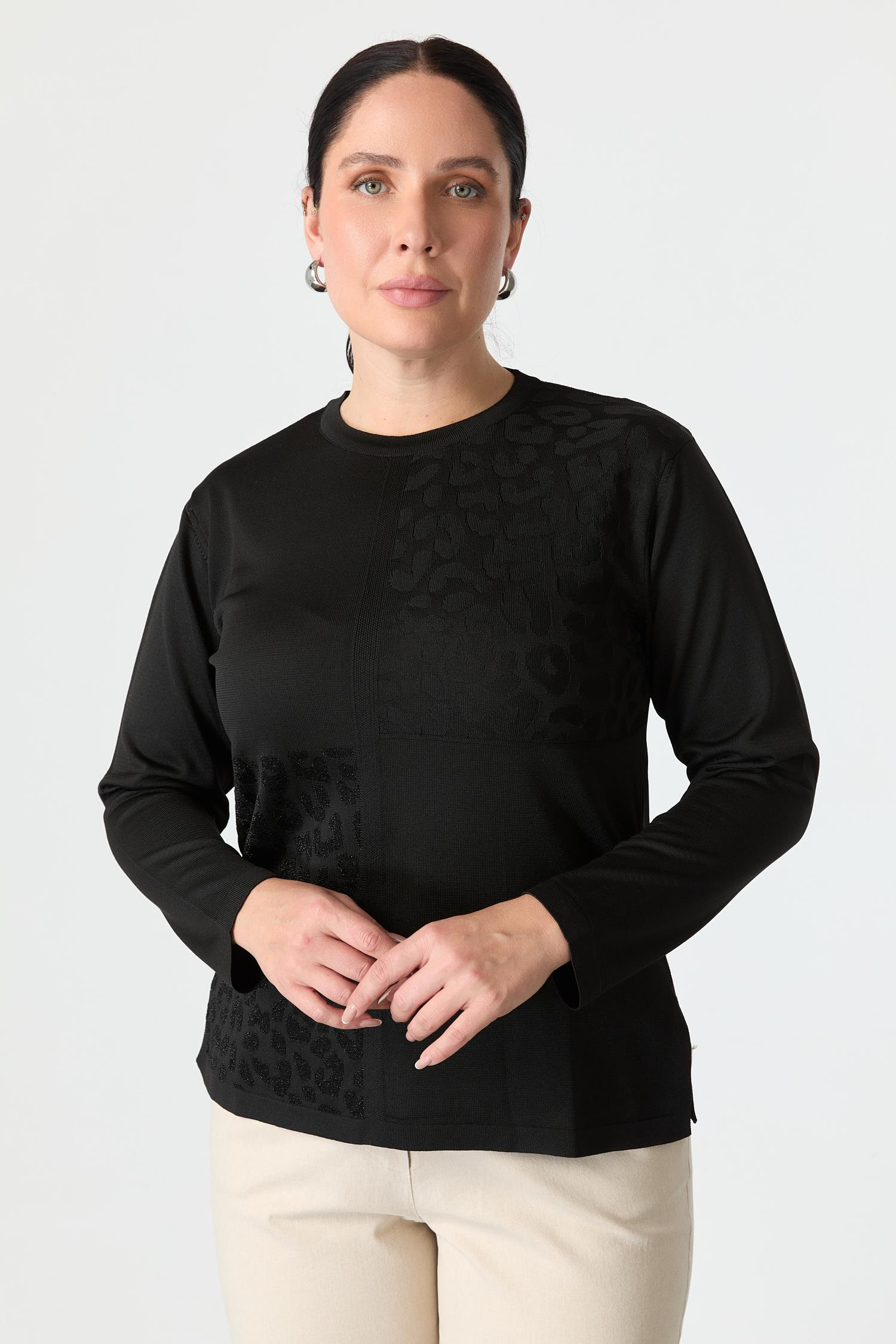 Büyük Beden Leopar Desenli Triko Kazak-SİYAH