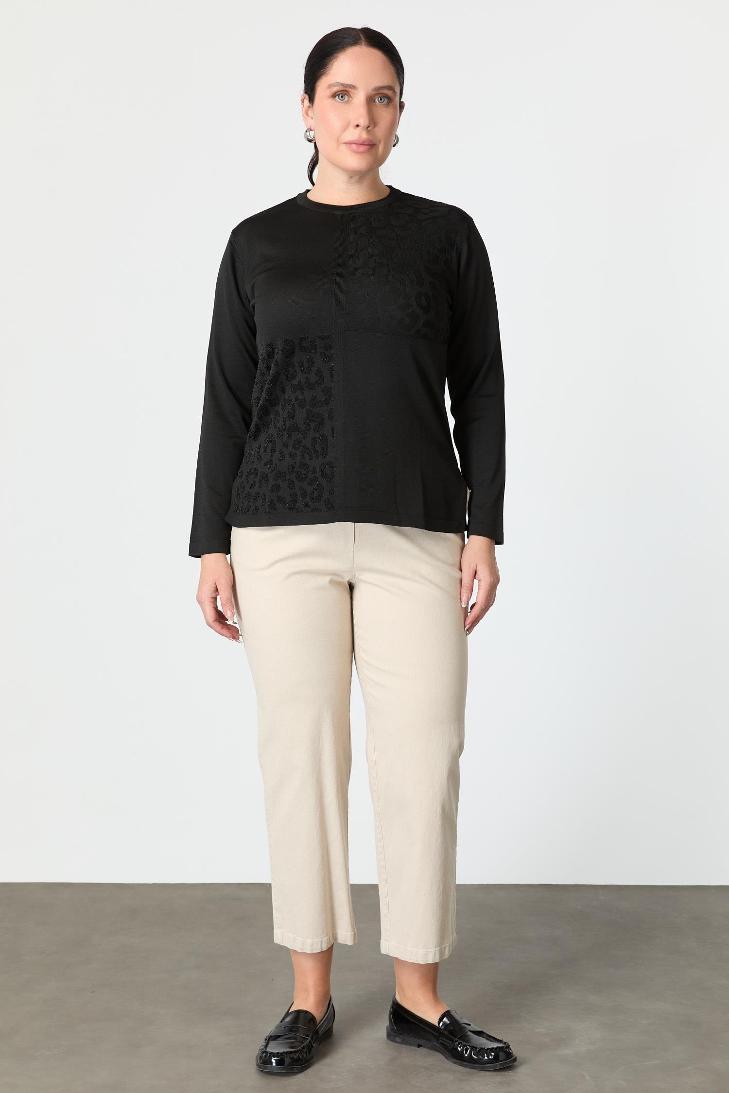 Büyük Beden Leopar Desenli Triko Kazak-SİYAH