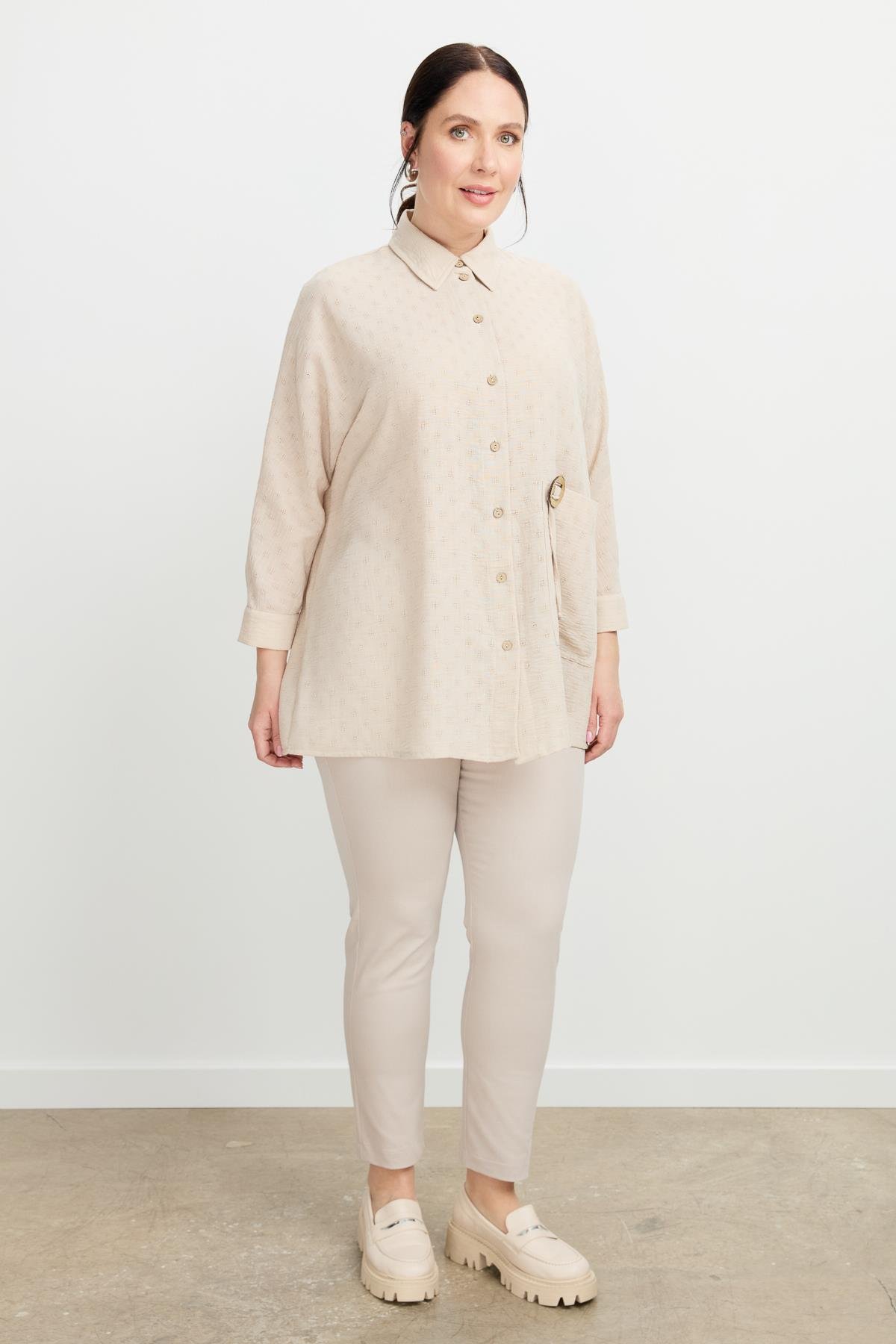 Büyük Beden Petek Keten Gömlek-VİZON