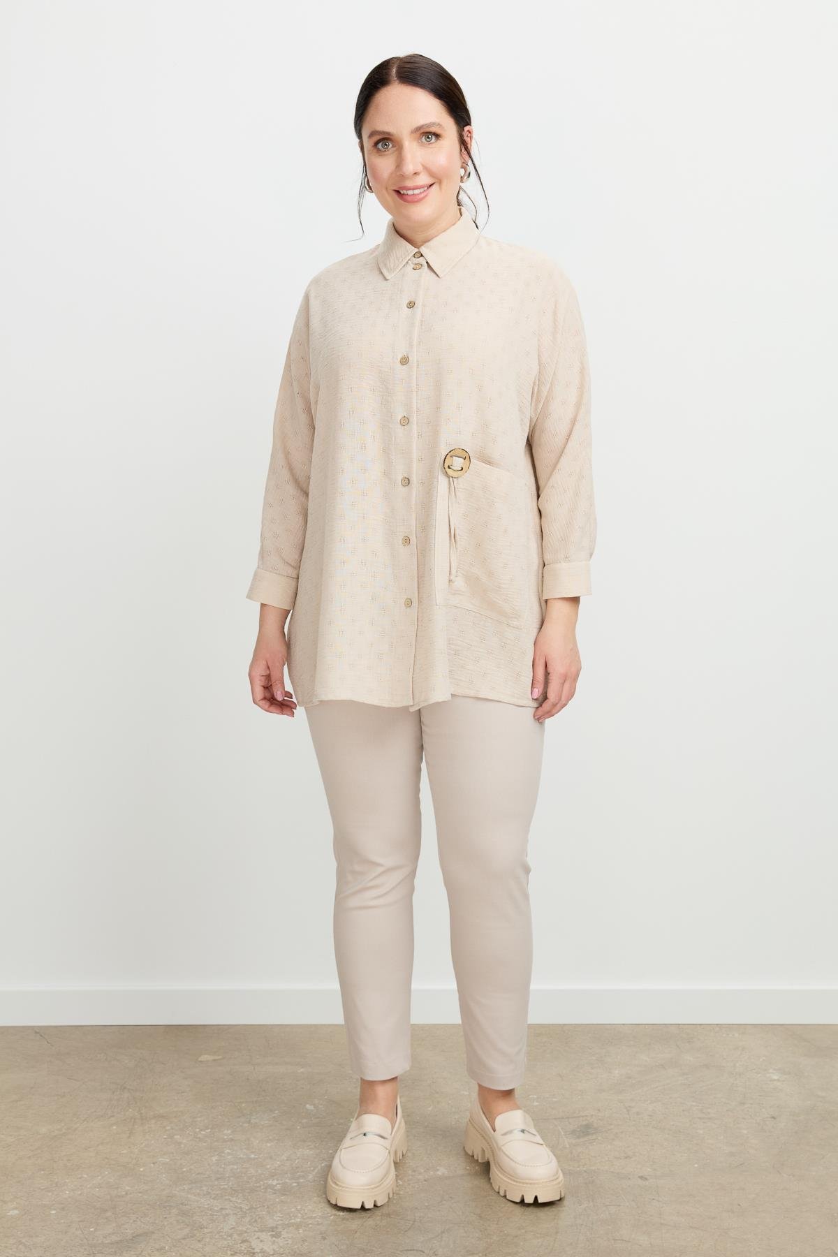 Büyük Beden Petek Keten Gömlek-VİZON