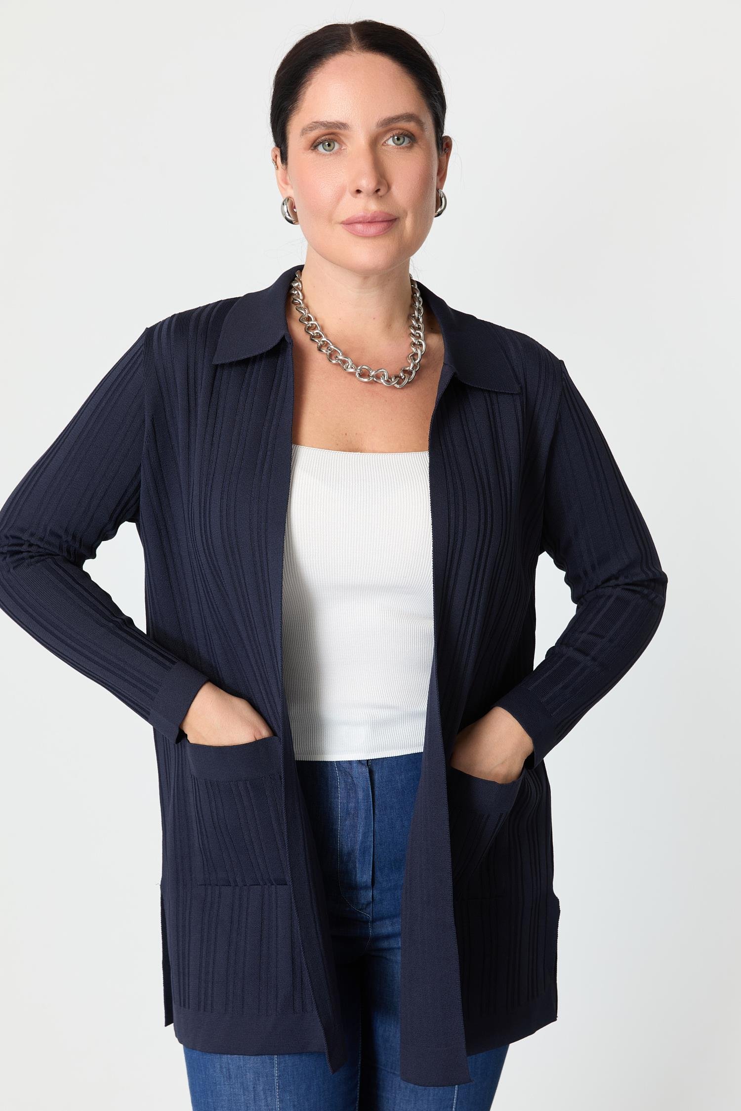 Büyük Beden Polo Yaka Triko Hırka-LACI